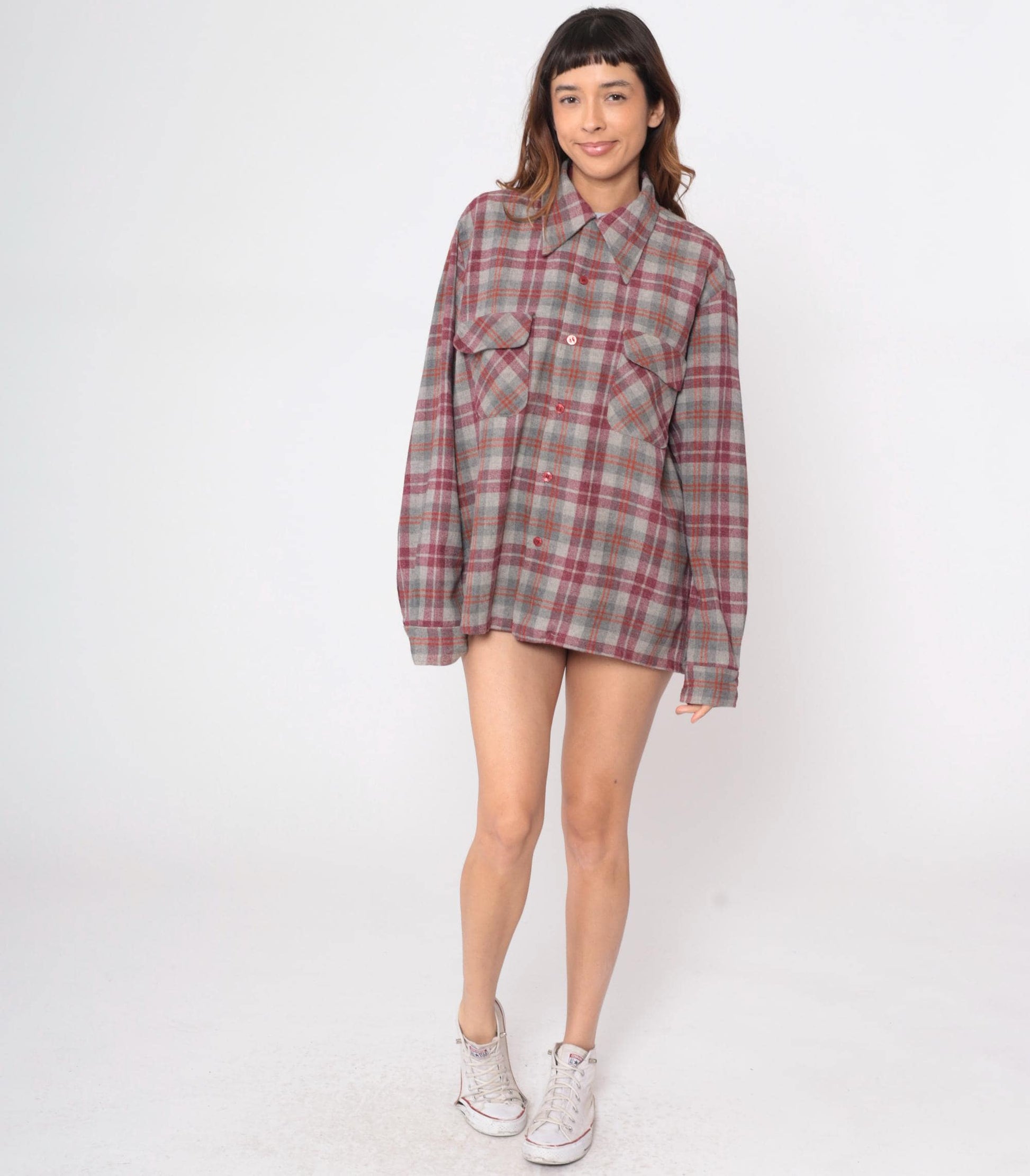 70s Royal Knight Wool Plaid Flannel Shirt Burgundy Grey Chest Pockets Extra Large