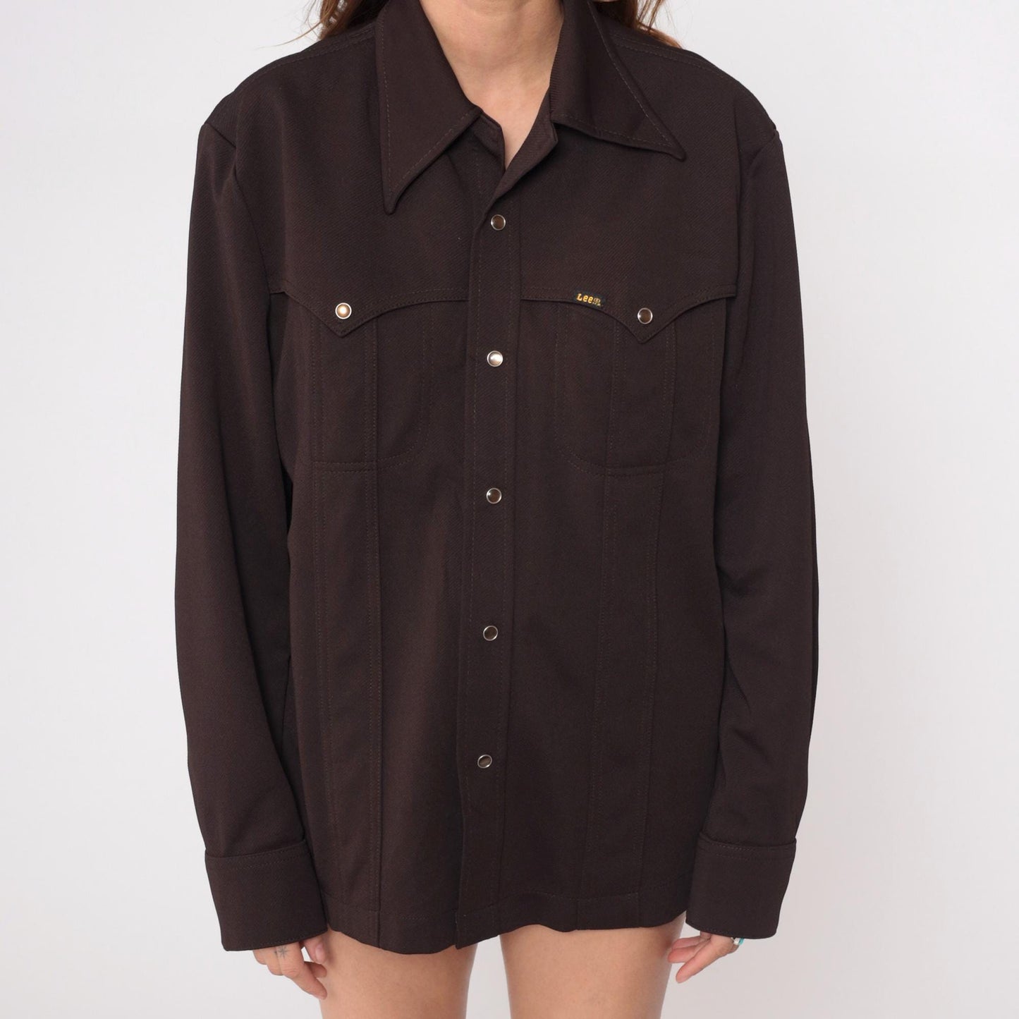 70s Lee Western Shirt Snap Button Black Pointed Collar Unisex Medium