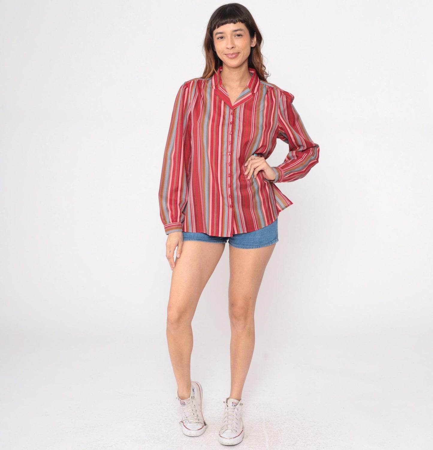 70s Pykettes Striped Button-Front Blouse Multicolor Vertical Stripes Large L