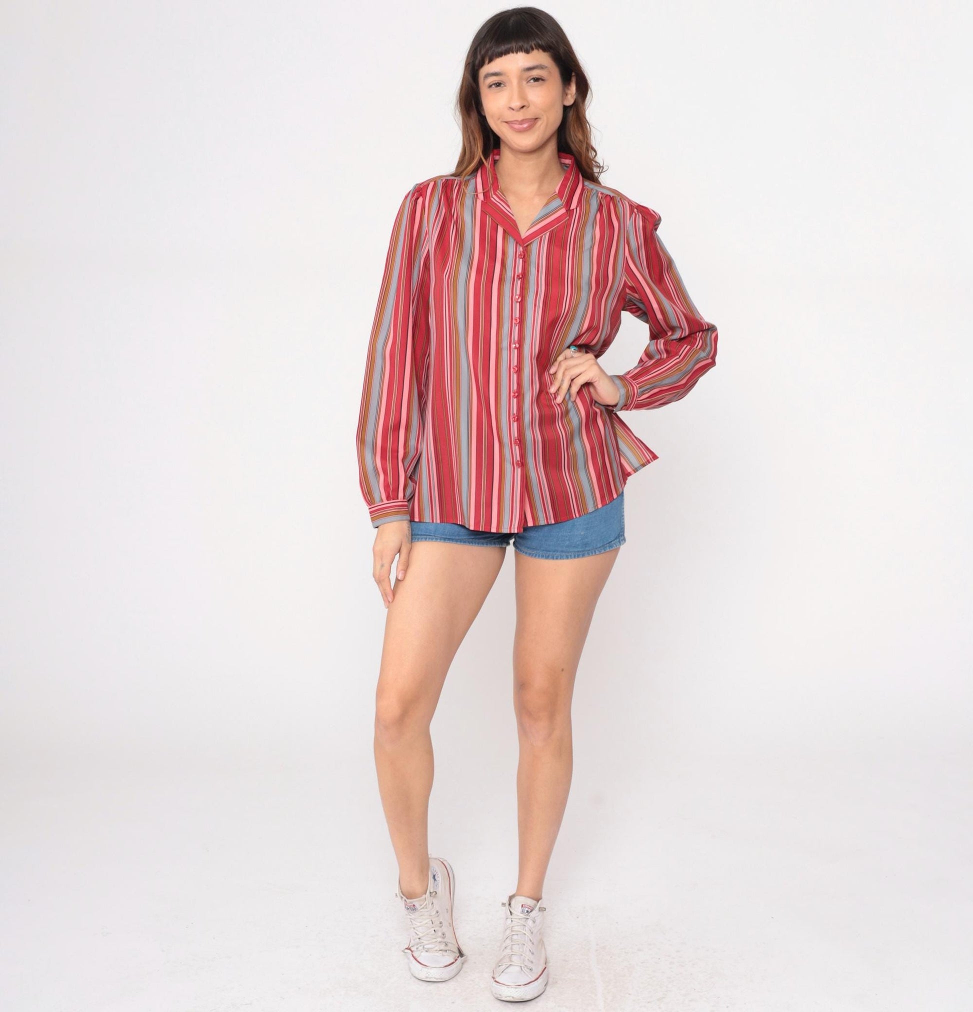 70s Pykettes Striped Button-Front Blouse Multicolor Vertical Stripes Large L