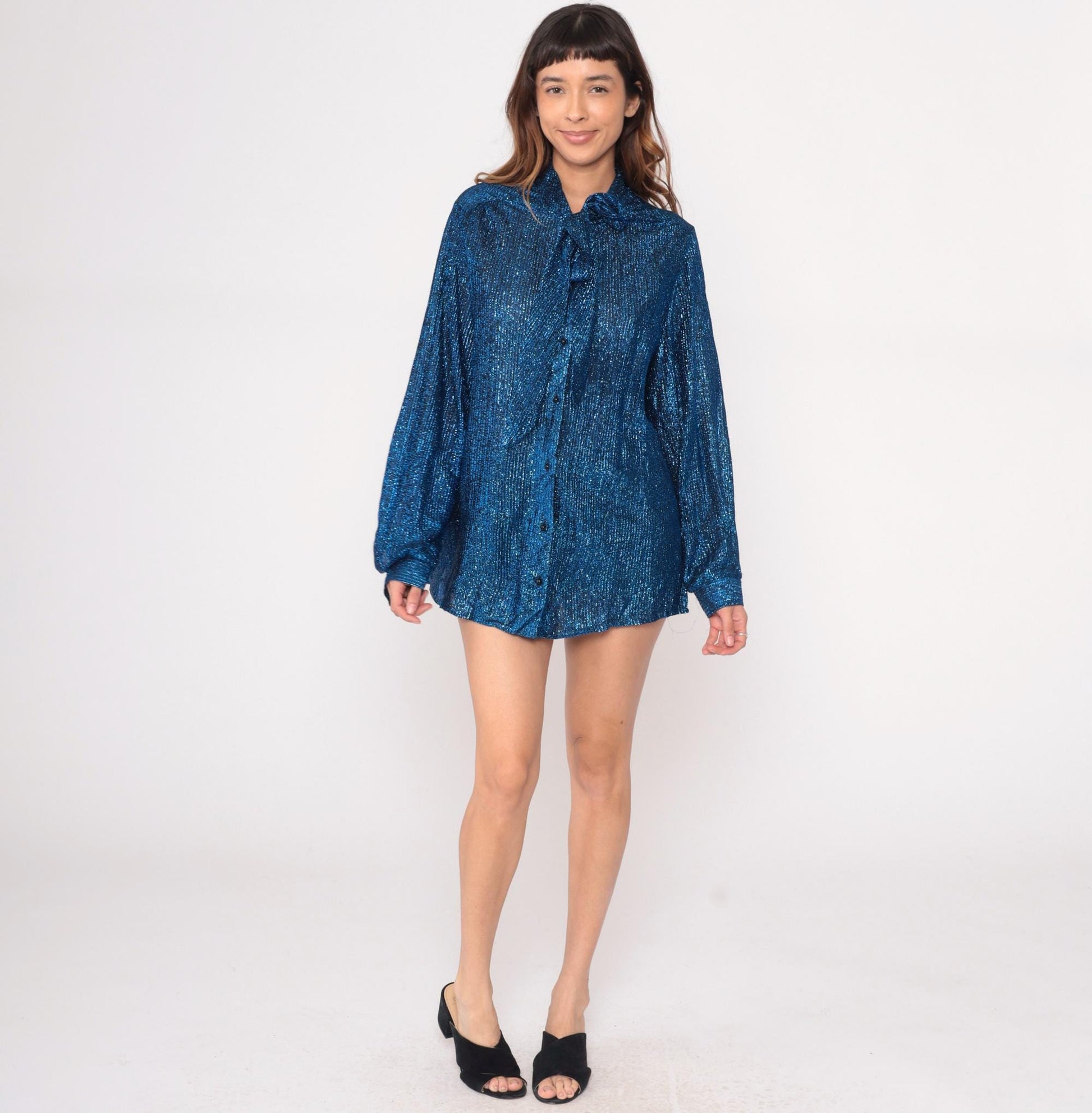 70s Metallic Blue Disco Shirt Long Sleeve Button Front Large L