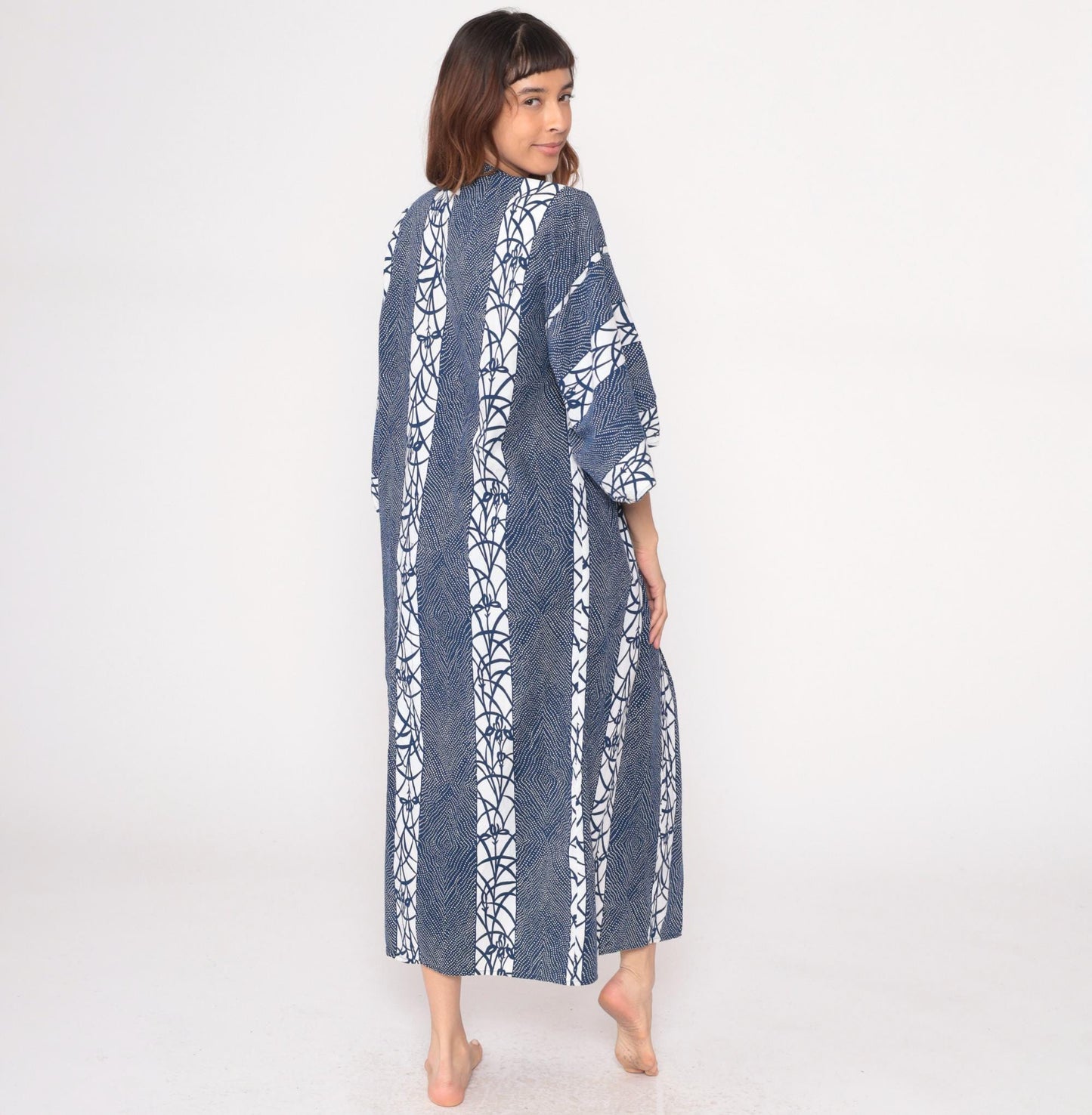 70s Navy Blue White Geometric Kimono Robe Maxi Cotton Wrap Large L