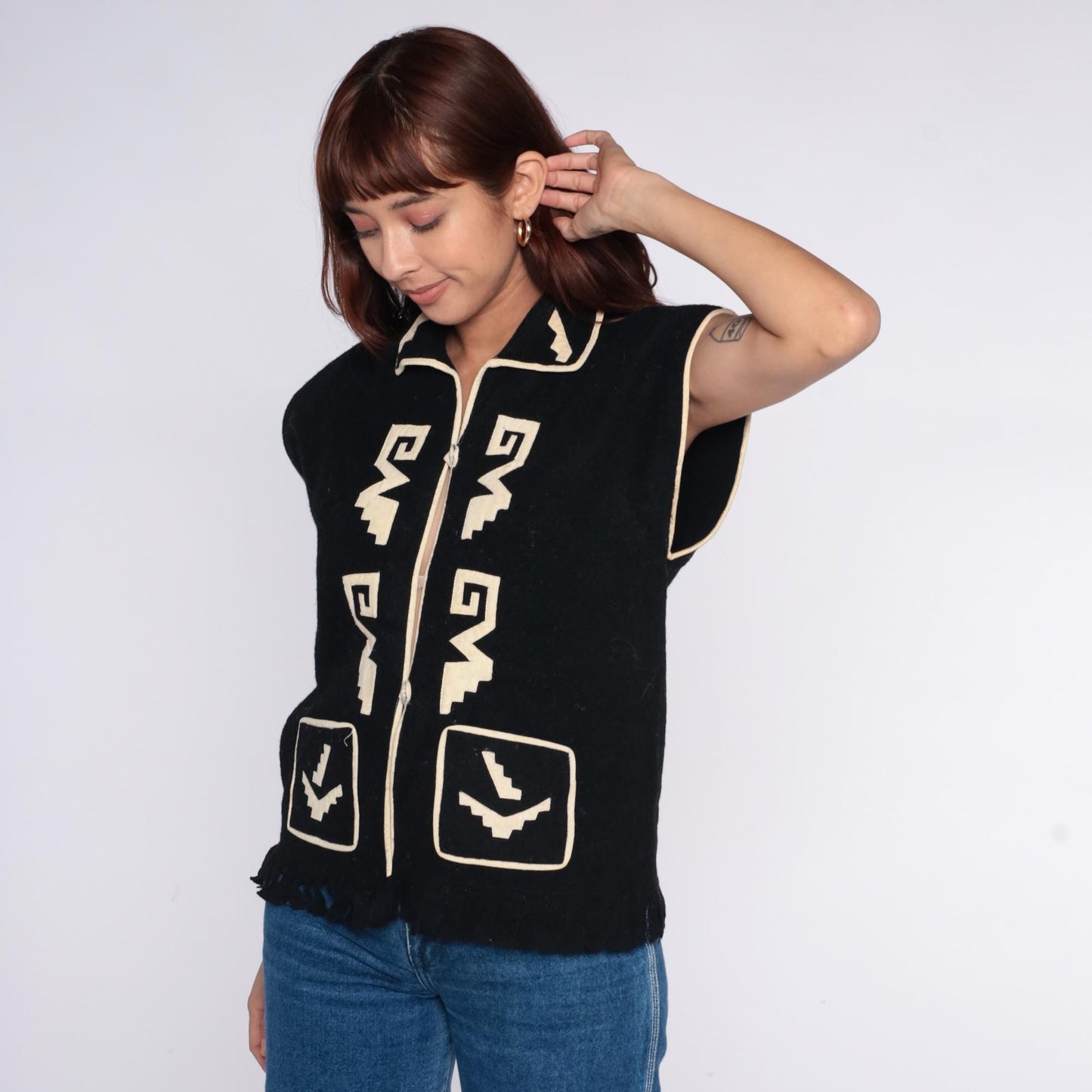 90s Black Southwestern Geometric Vest Collared Zip Front Medium M