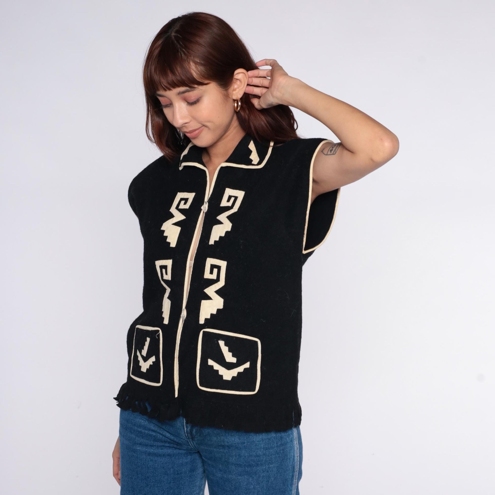 90s Black Southwestern Geometric Vest Collared Zip Front Medium M