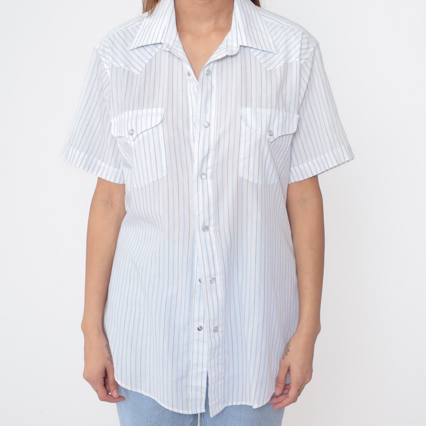 80s Panhandle Slim Western Shirt Blue Pinstripe Short Sleeve Large