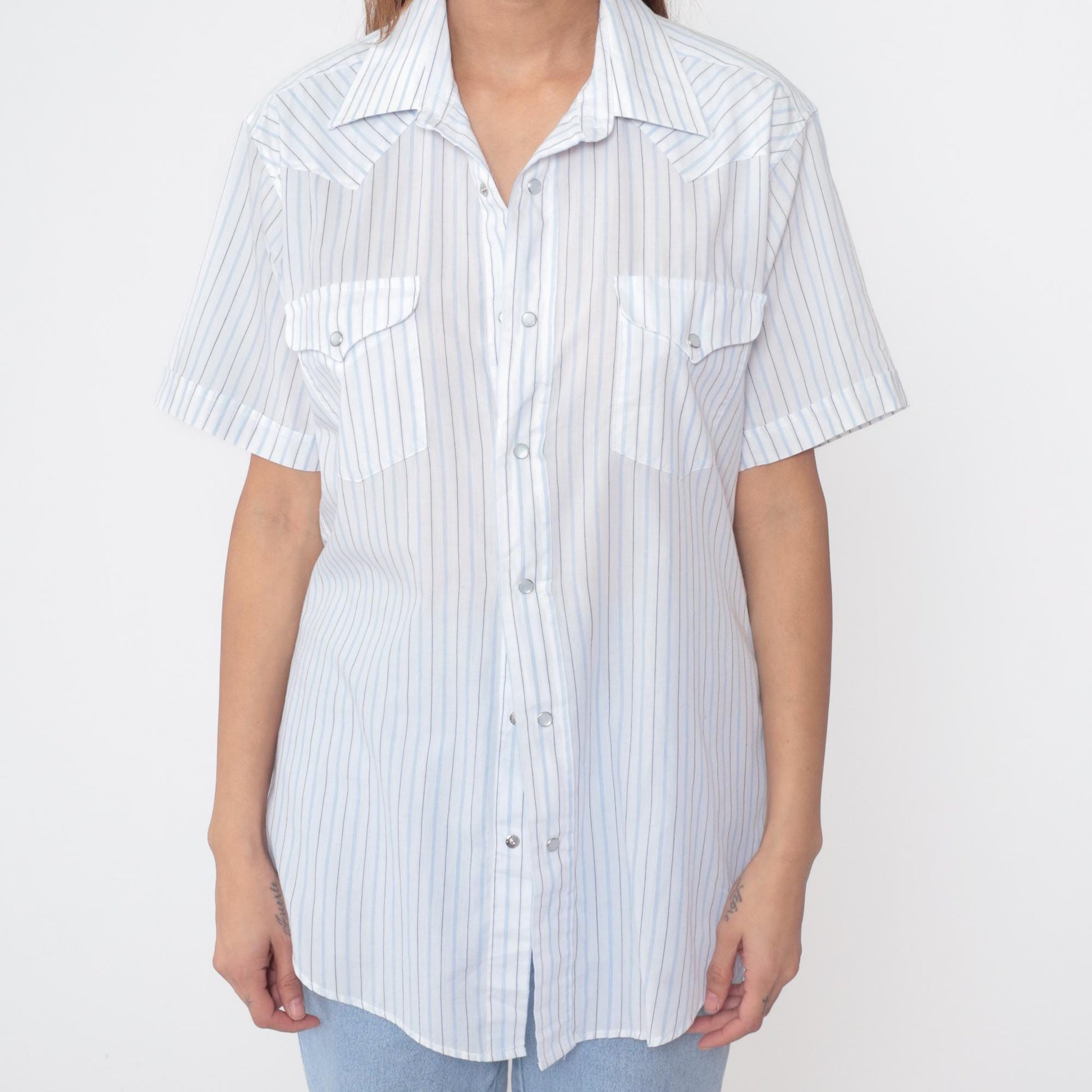 80s Panhandle Slim Western Shirt Blue Pinstripe Short Sleeve Large