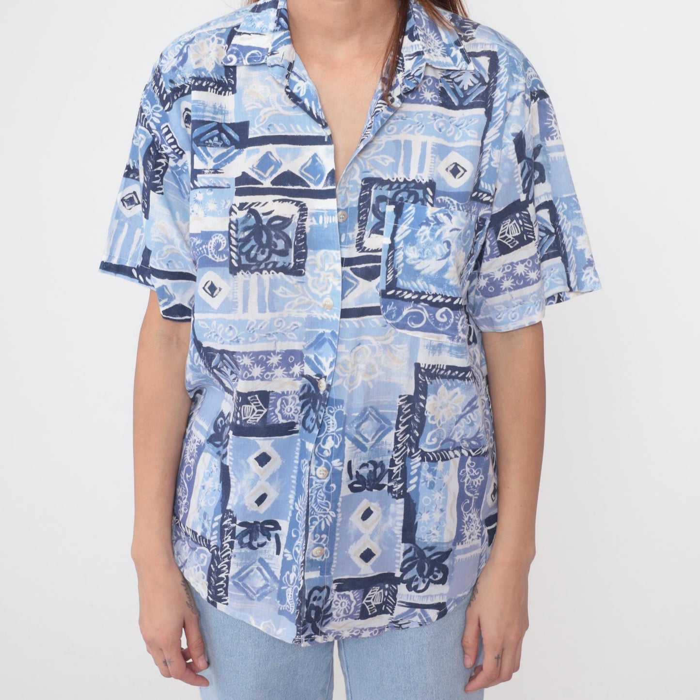90s Casey & Max Blue Patchwork Shirt Geometric Floral Abstract Print Medium