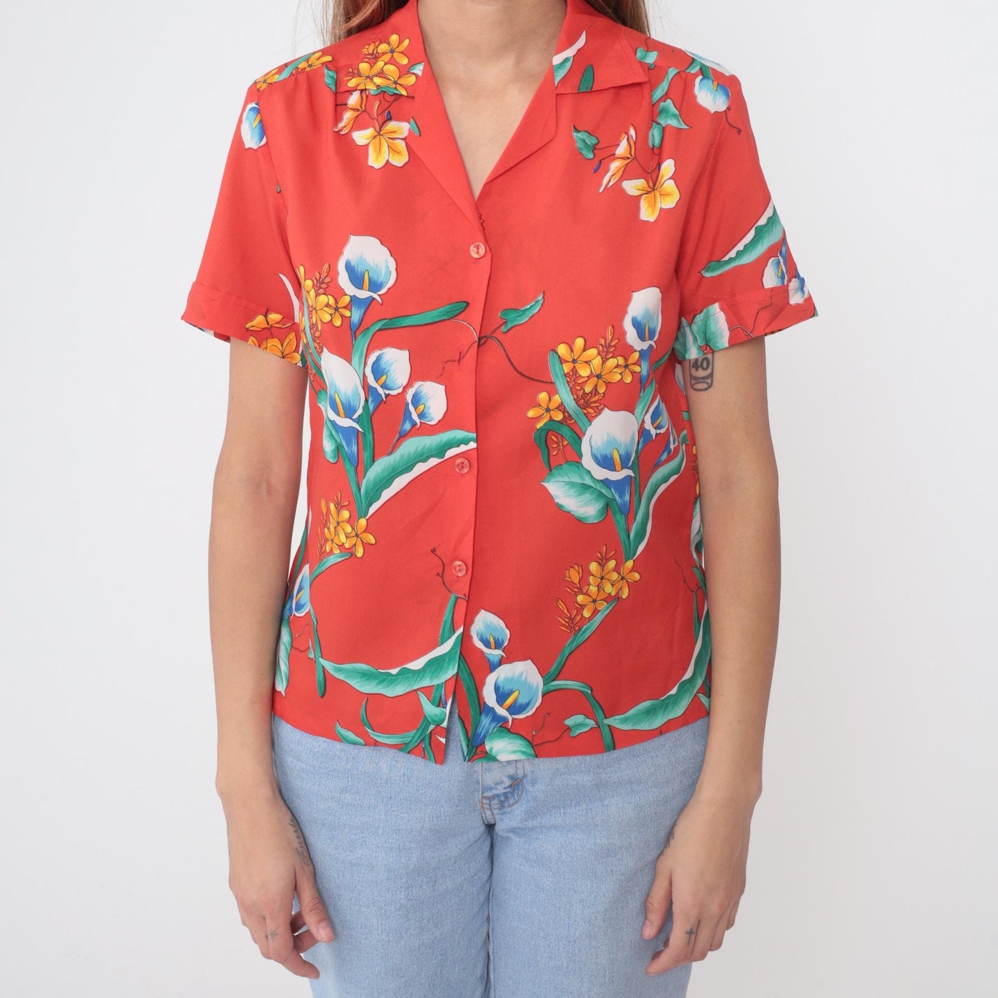 80s Hawaiian Shirt Red Floral Calla Lily Print Button Up Short Sleeve Medium
