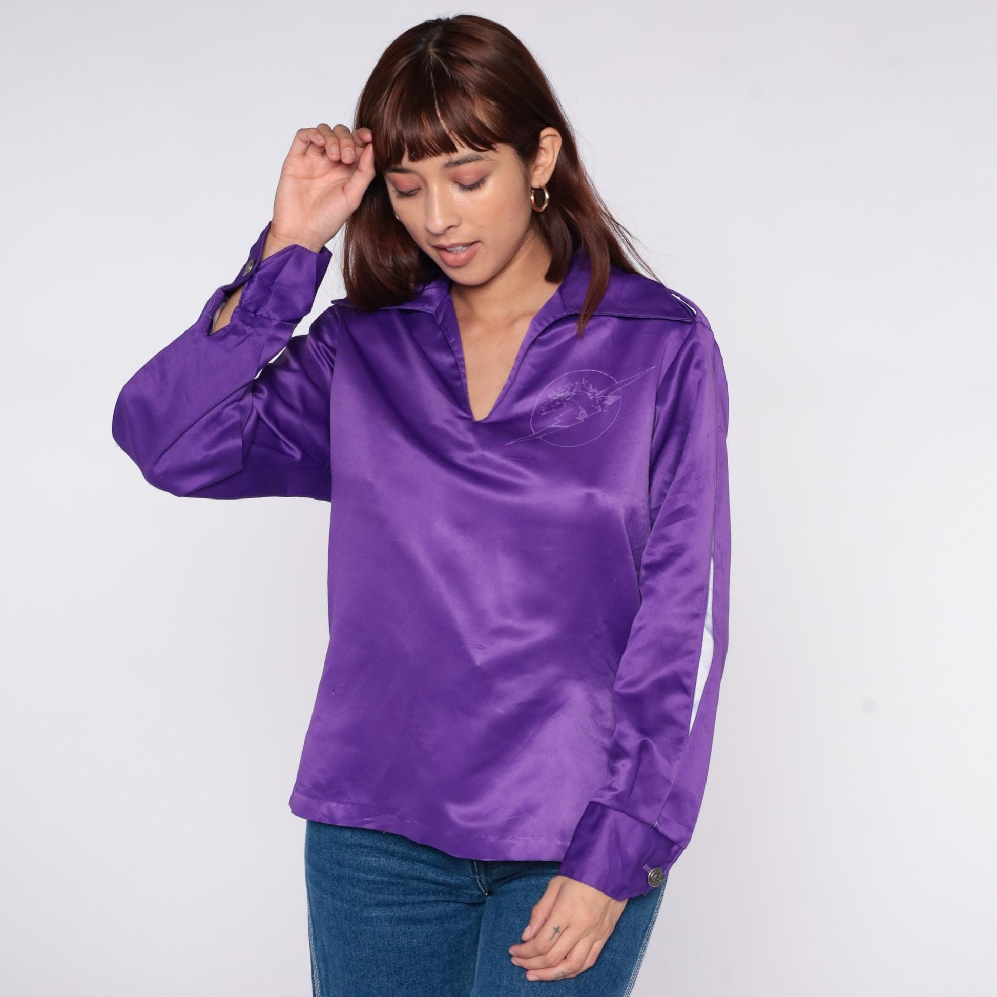 70s Daels Hawaii Purple Satin Polo Shirt Mustang Lightning Embroidered Small