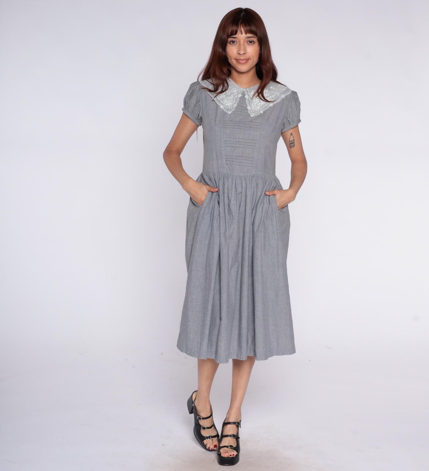 80s Grey Maxi Dress White Lace Collar Puff Sleeve Pintuck Medium M