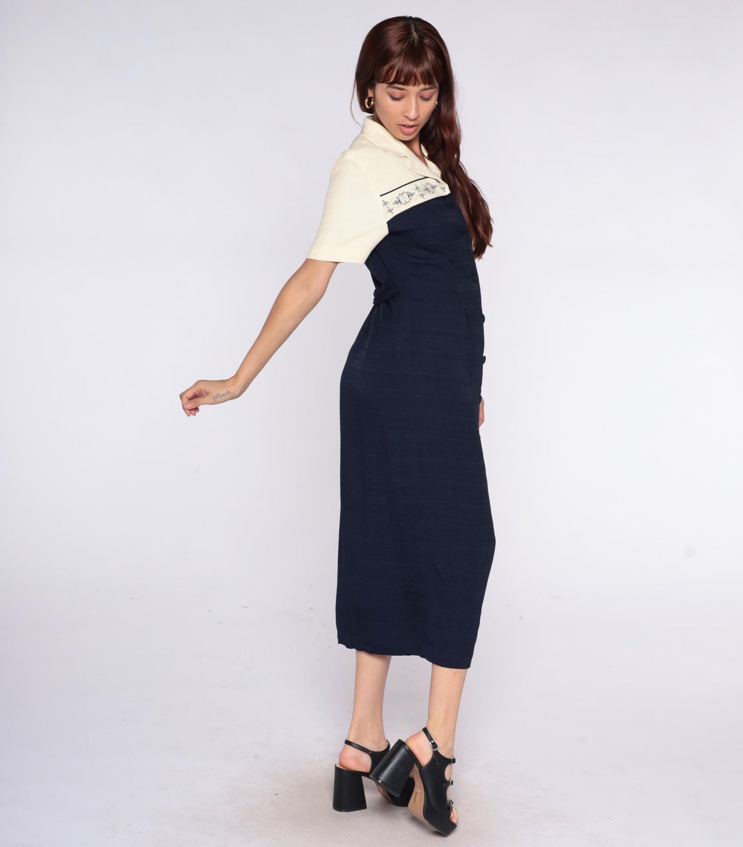 90s Dressbarn Color Block Midi Dress Cream Navy Collared Small