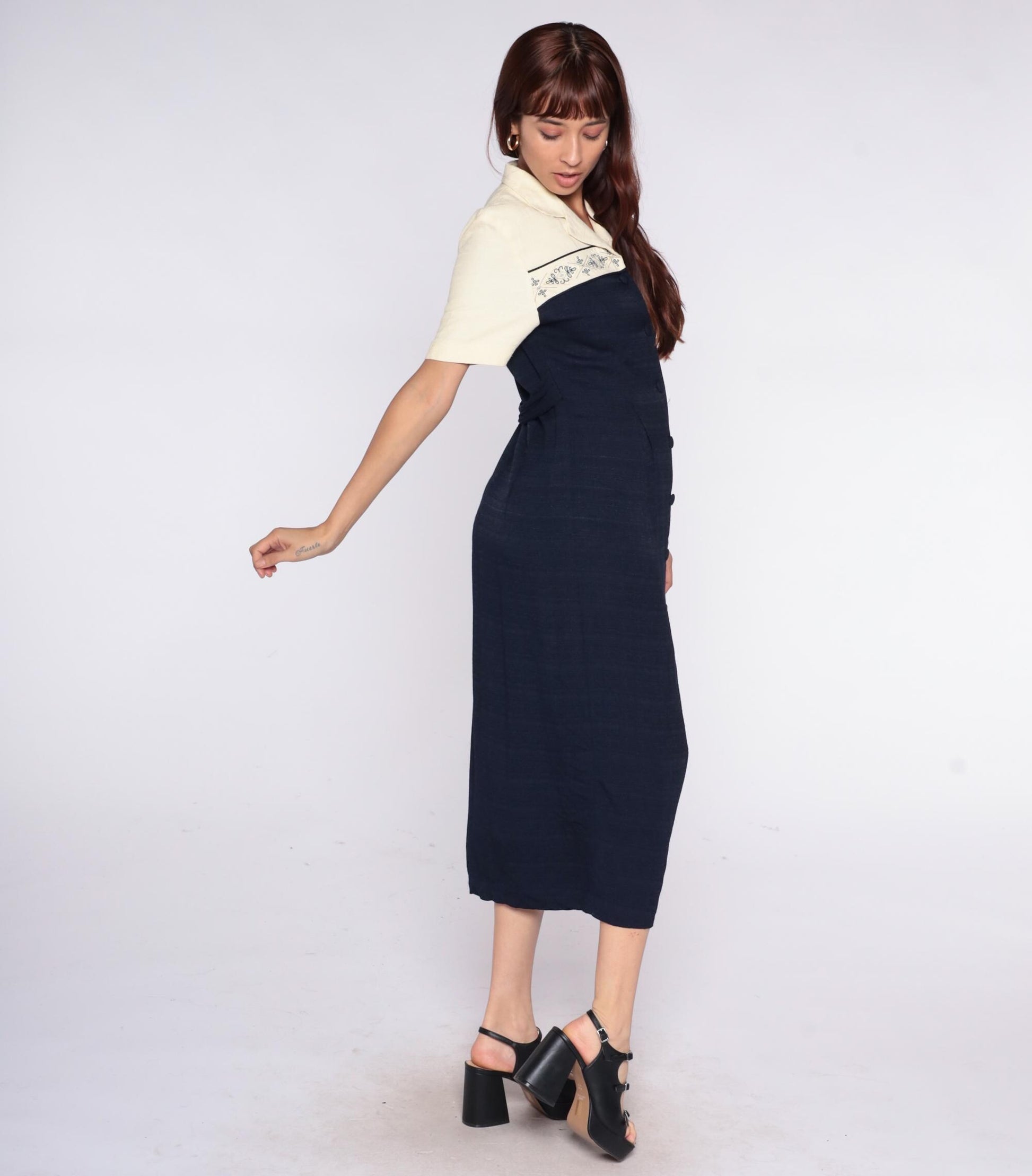 90s Dressbarn Color Block Midi Dress Cream Navy Collared Small