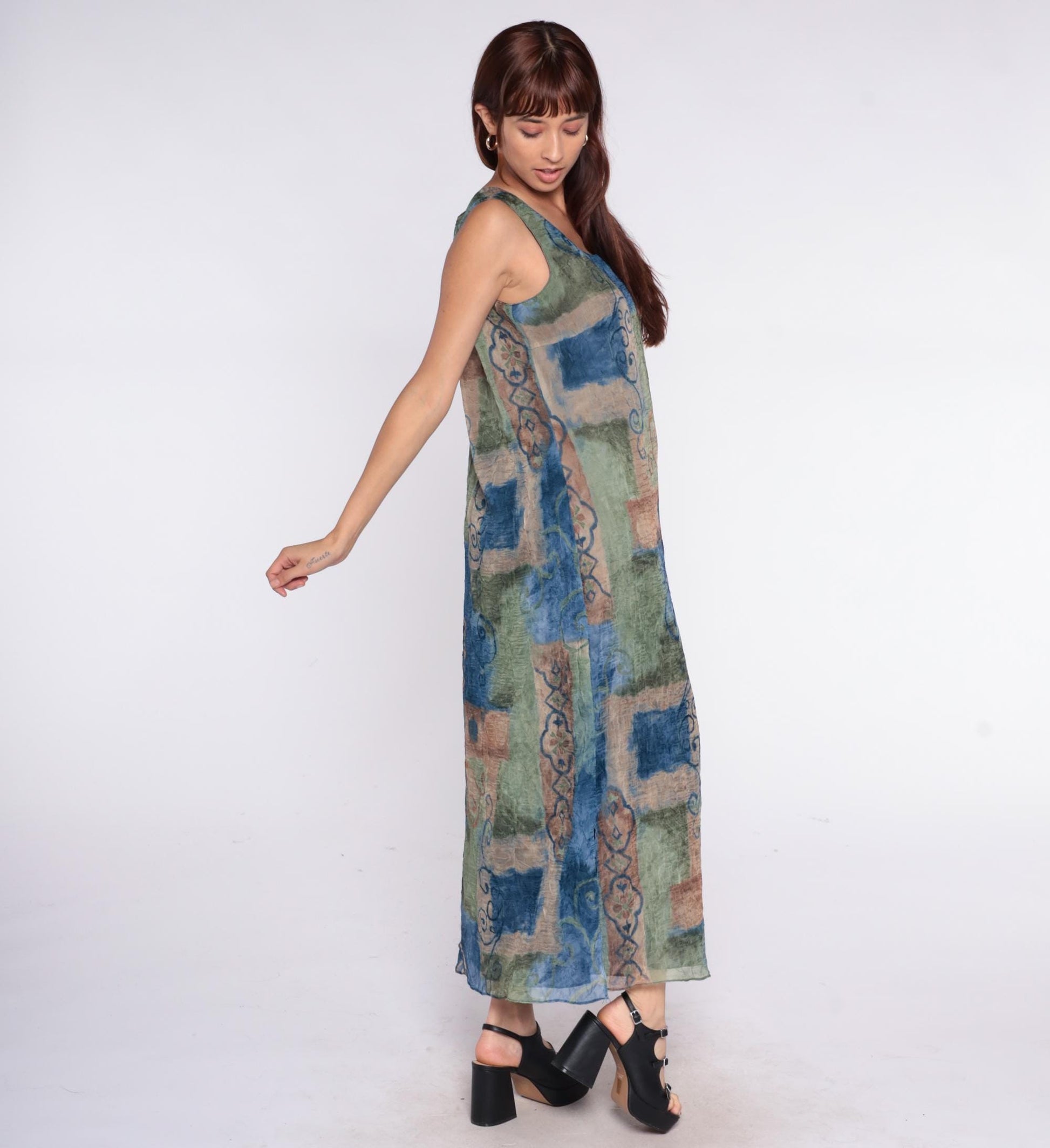 90s Nina Piccaino Patchwork Maxi Dress Sleeveless Blue Green Tan Medium