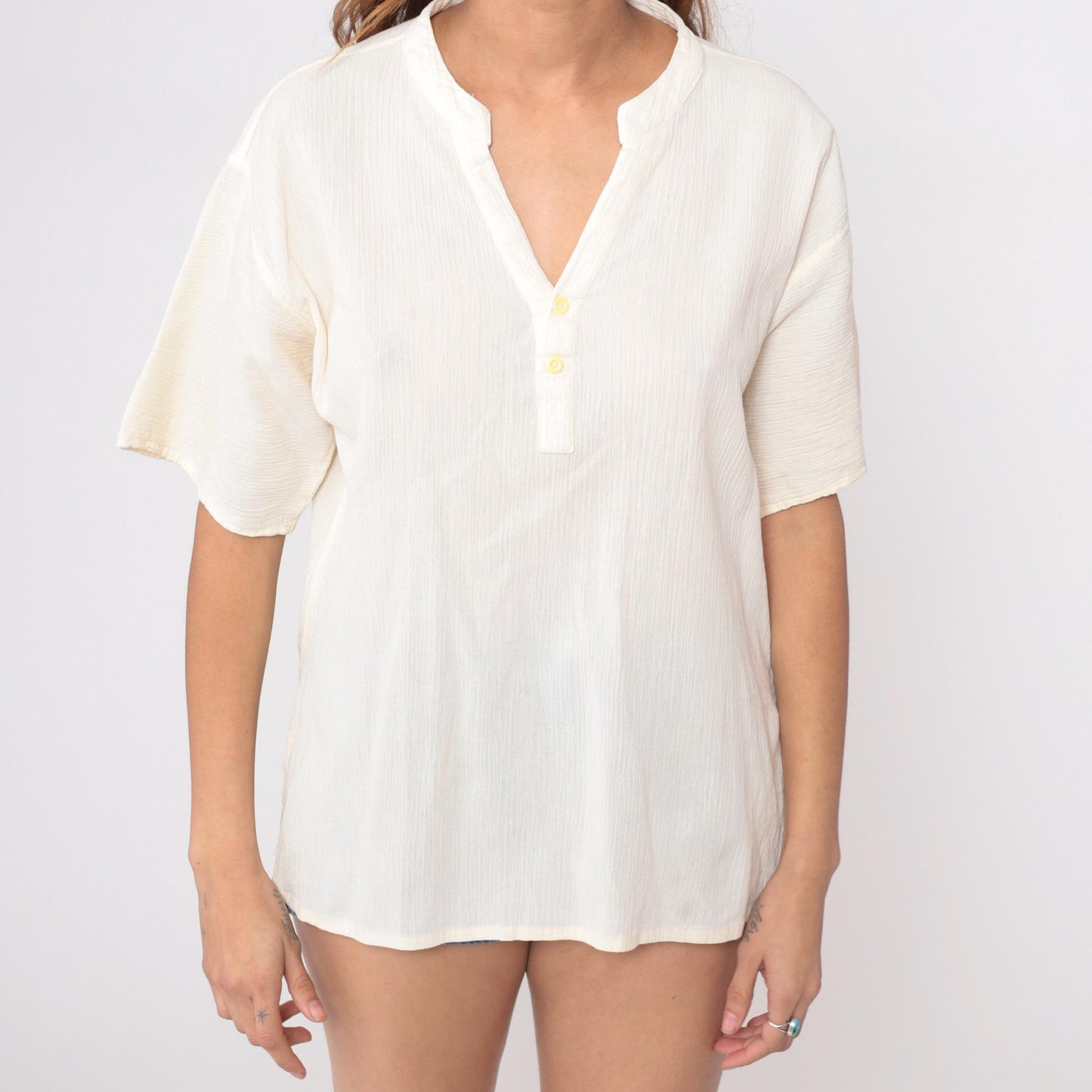80s Cream Henley Short Sleeve V-Neck Top Cotton Blend Large L