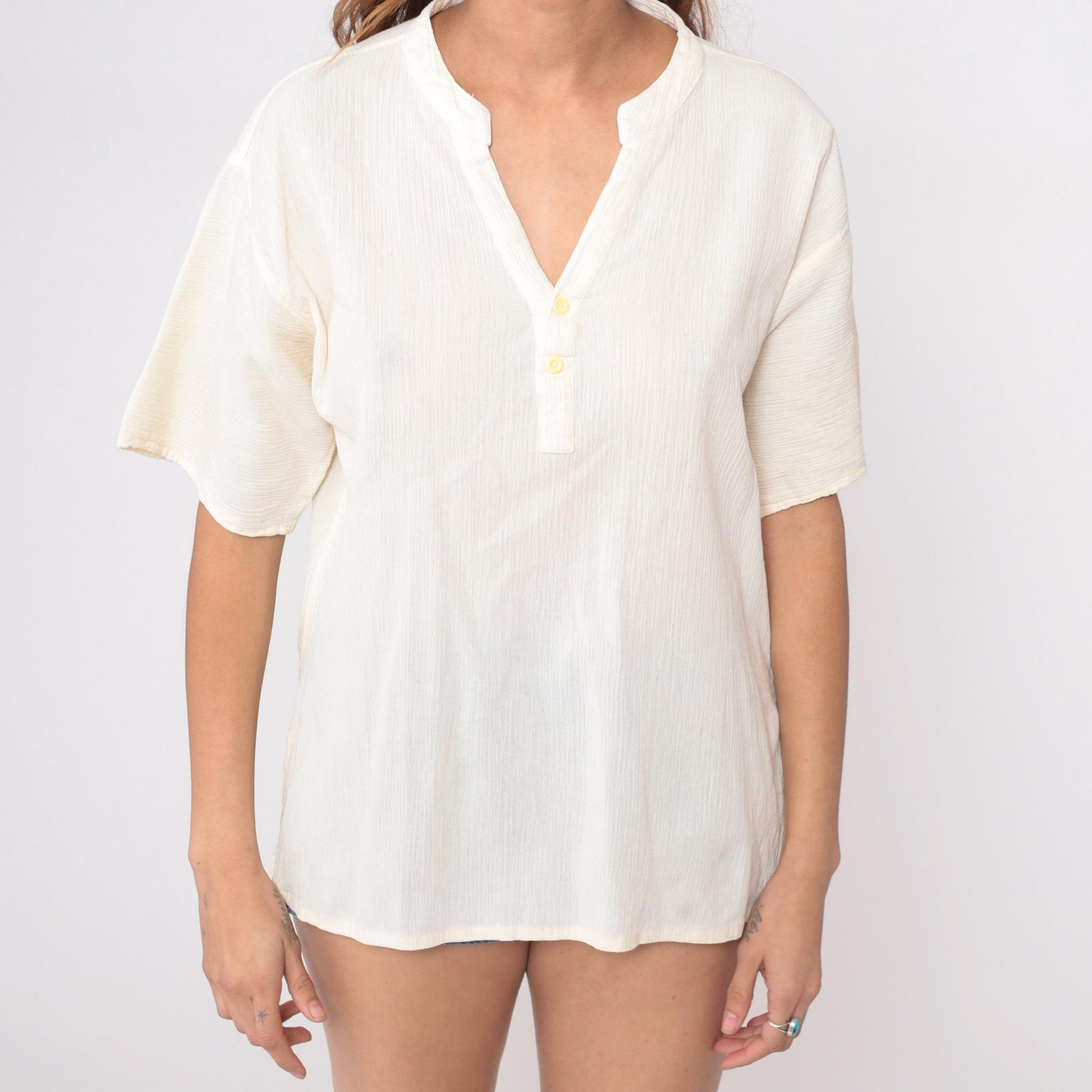 80s Cream Henley Short Sleeve V-Neck Top Cotton Blend Large L