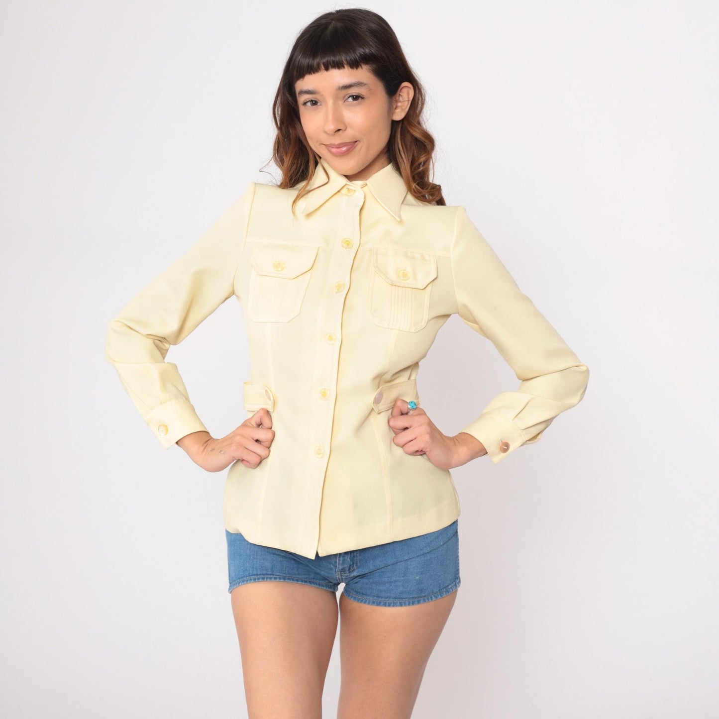 70s Yellow Safari Shirt Dagger Collar Button-Up Fitted Blouse Small