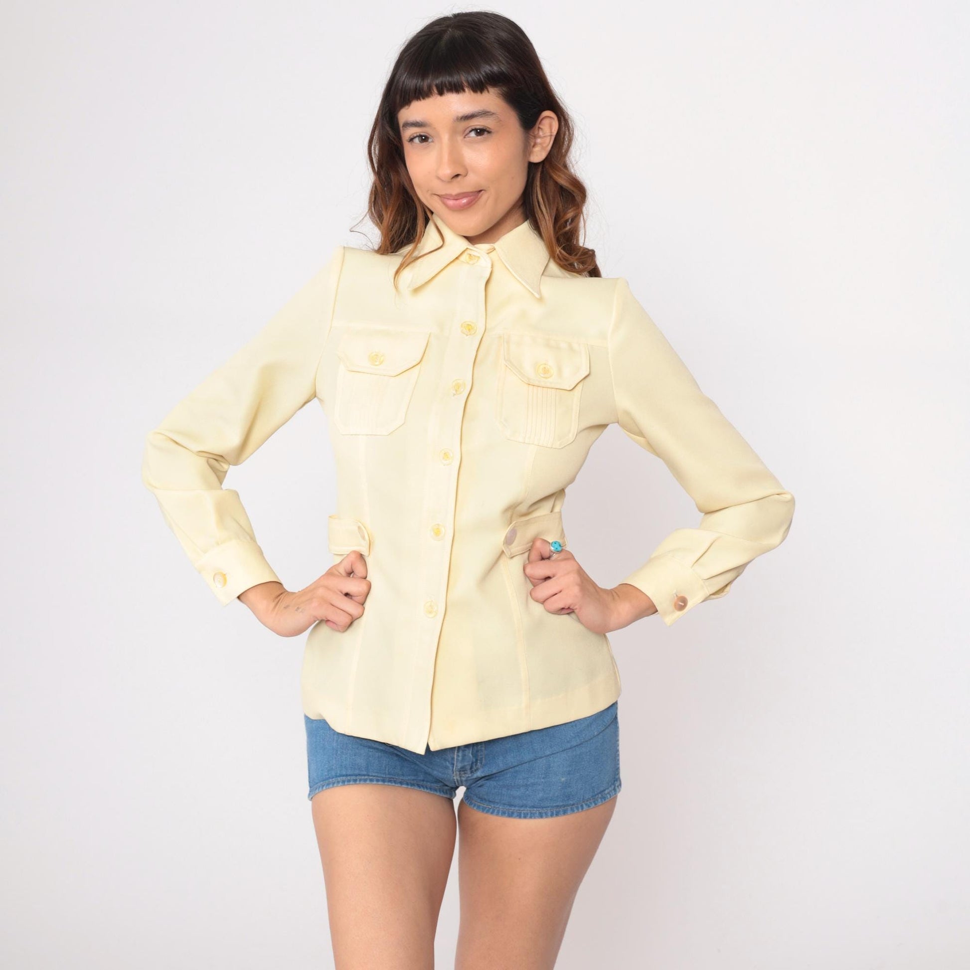 70s Yellow Safari Shirt Dagger Collar Button-Up Fitted Blouse Small