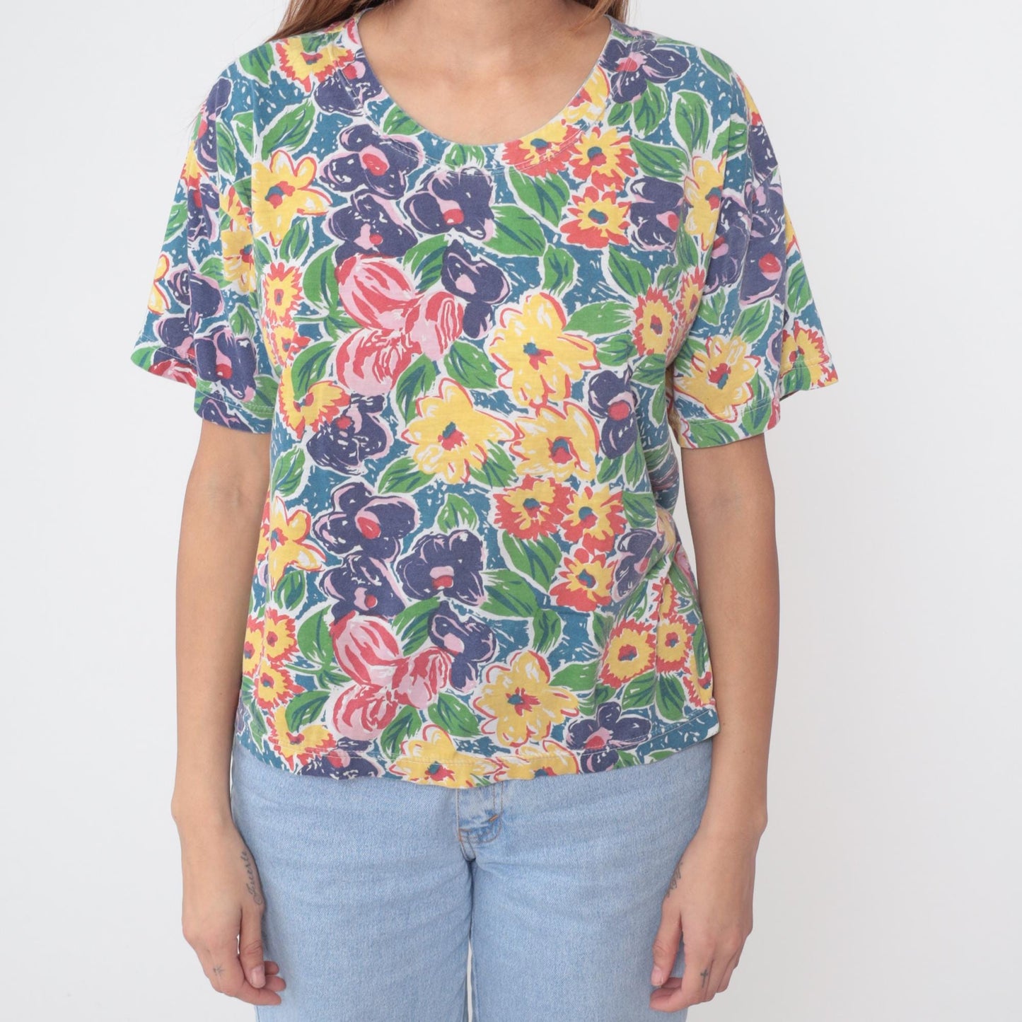 90s Emerald Isle Tropical Floral Blouse Botanical Print Scoop Neck Medium
