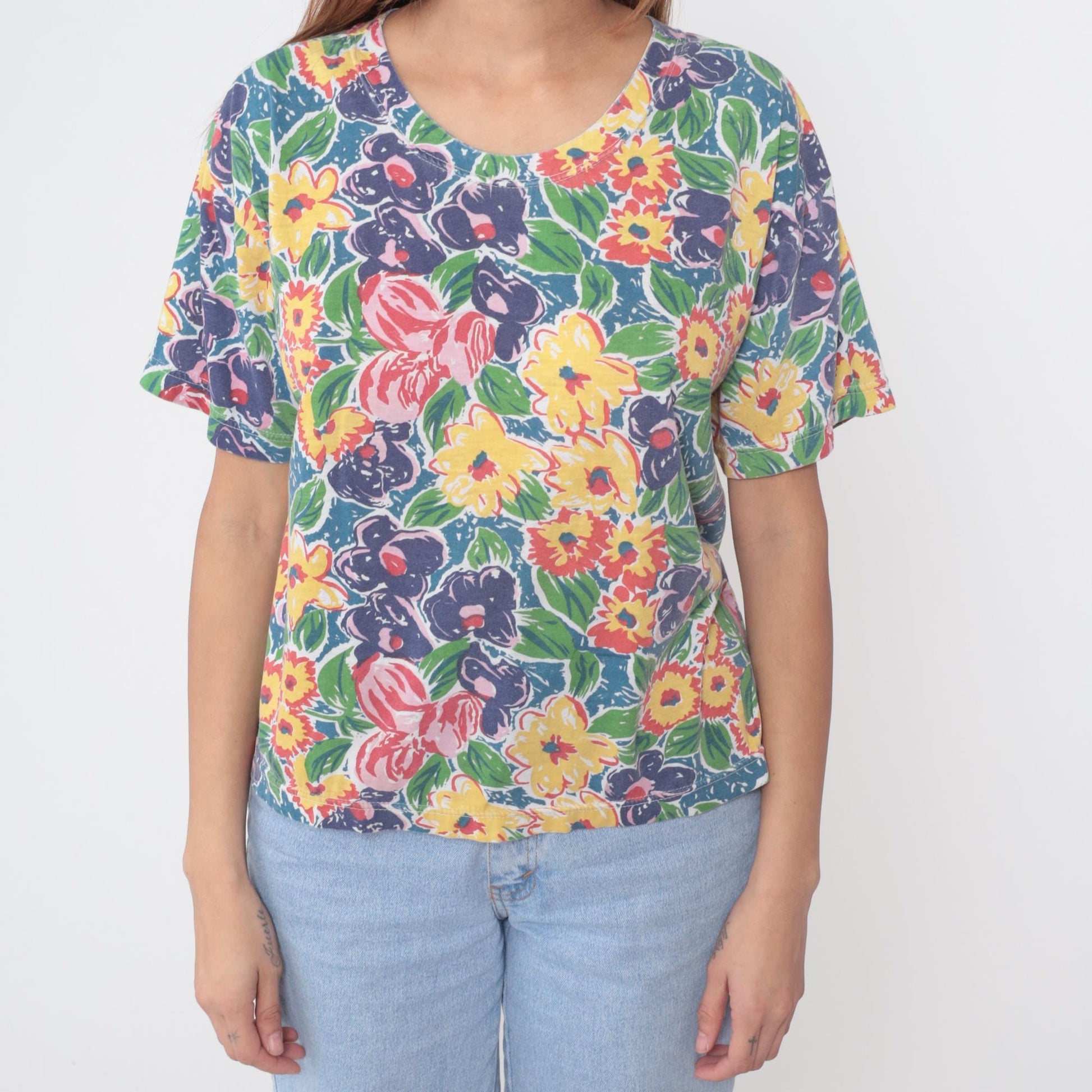 90s Emerald Isle Tropical Floral Blouse Botanical Print Scoop Neck Medium