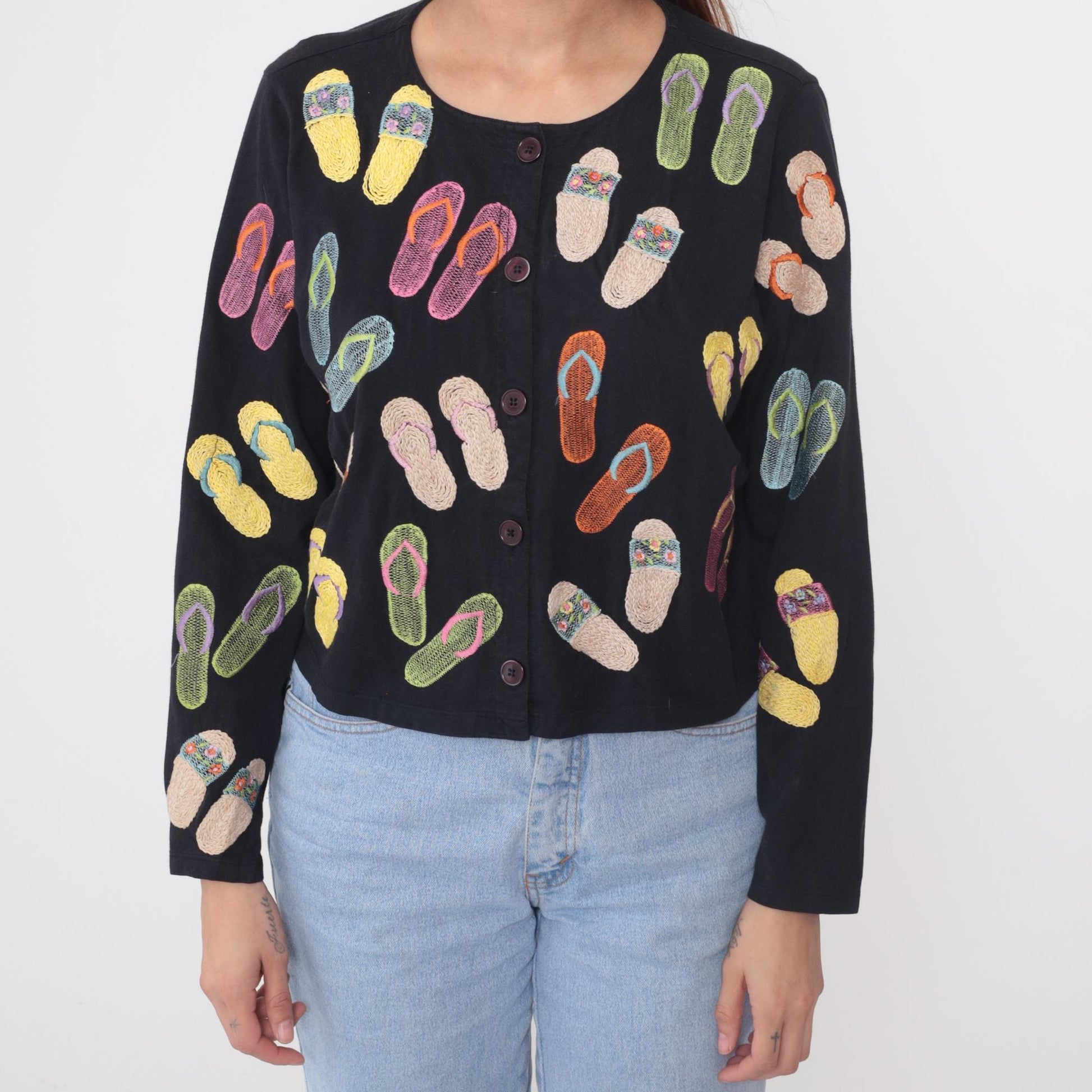 Y2K Lite Michael Simon Flip Flop Embroidered Cardigan Black Cotton Medium M
