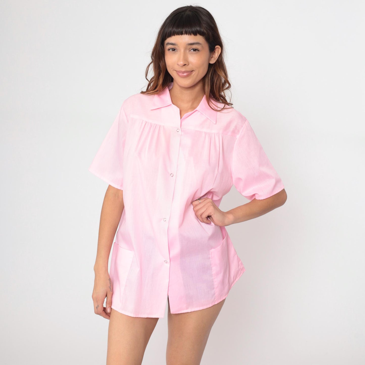 70s Kani of Kalifornia Pink Snap Front Tunic Blouse Large L