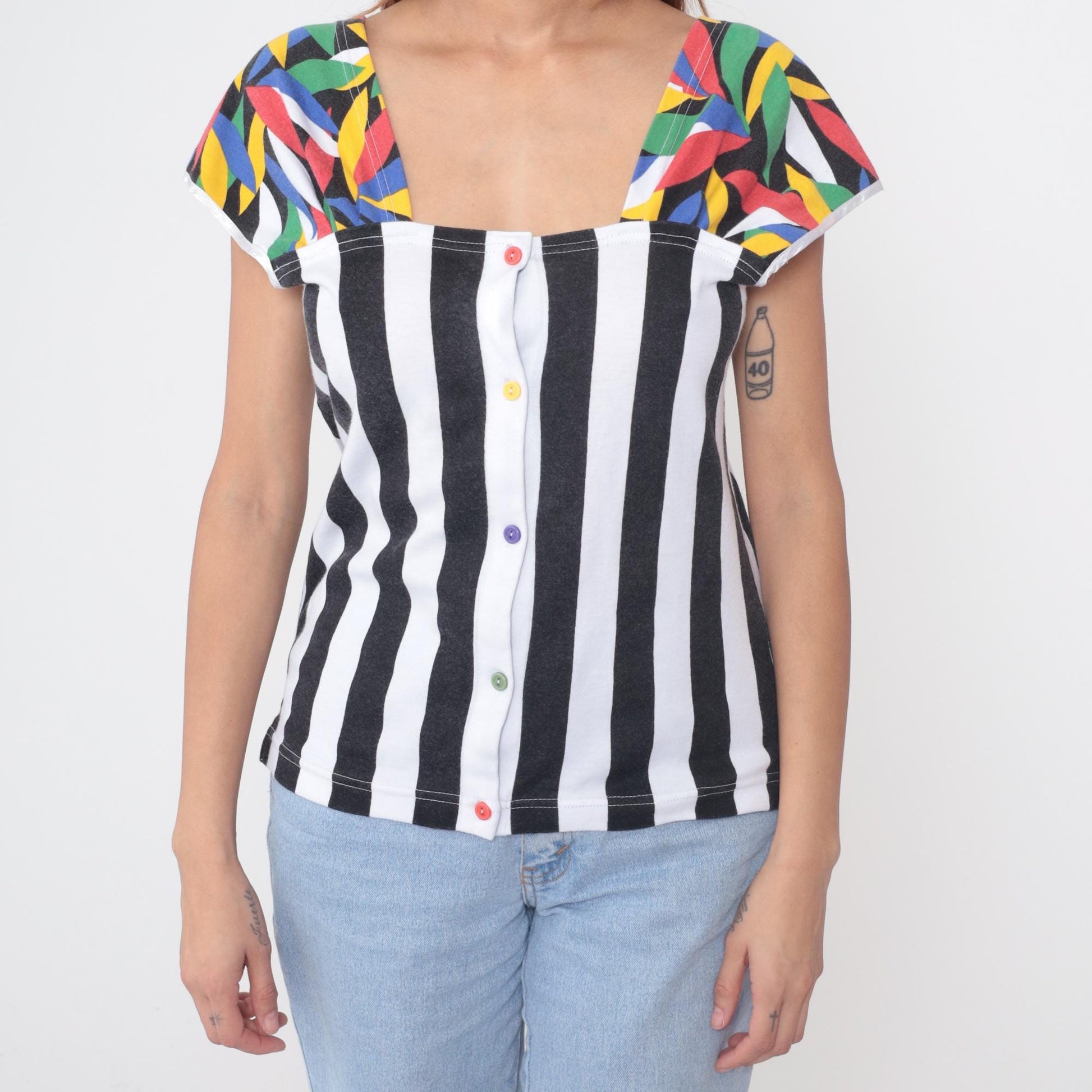 80s Lucie Ann Pattern Mix Top Stripe Geometric Colorblock Small S