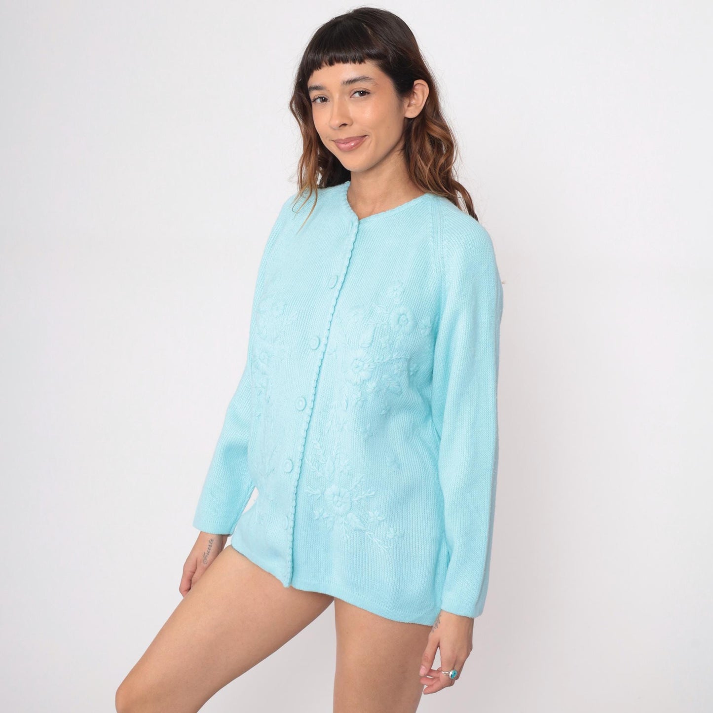 70s Pale Blue Cardigan Embroidered Floral Button Front Knit Medium