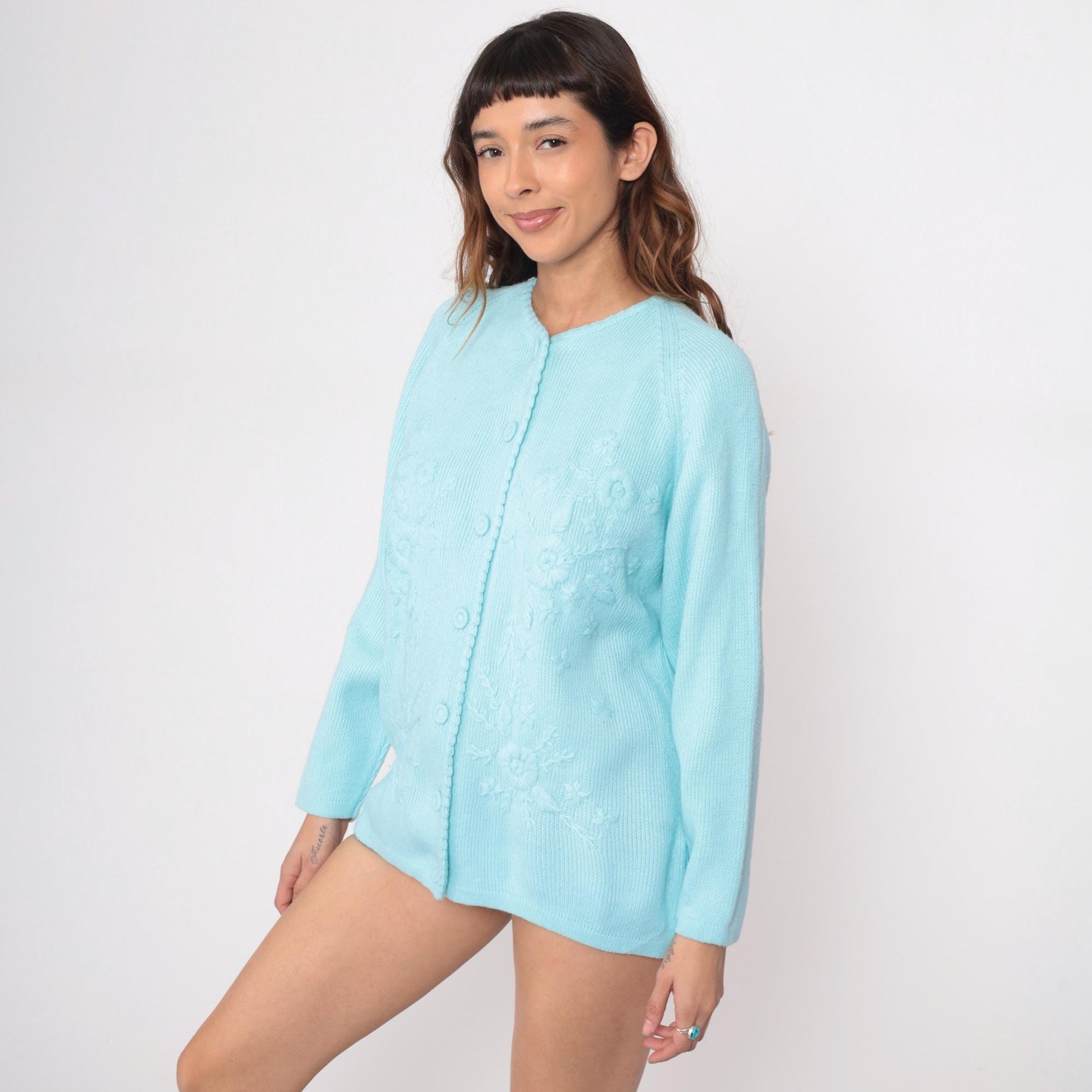70s Pale Blue Cardigan Embroidered Floral Button Front Knit Medium