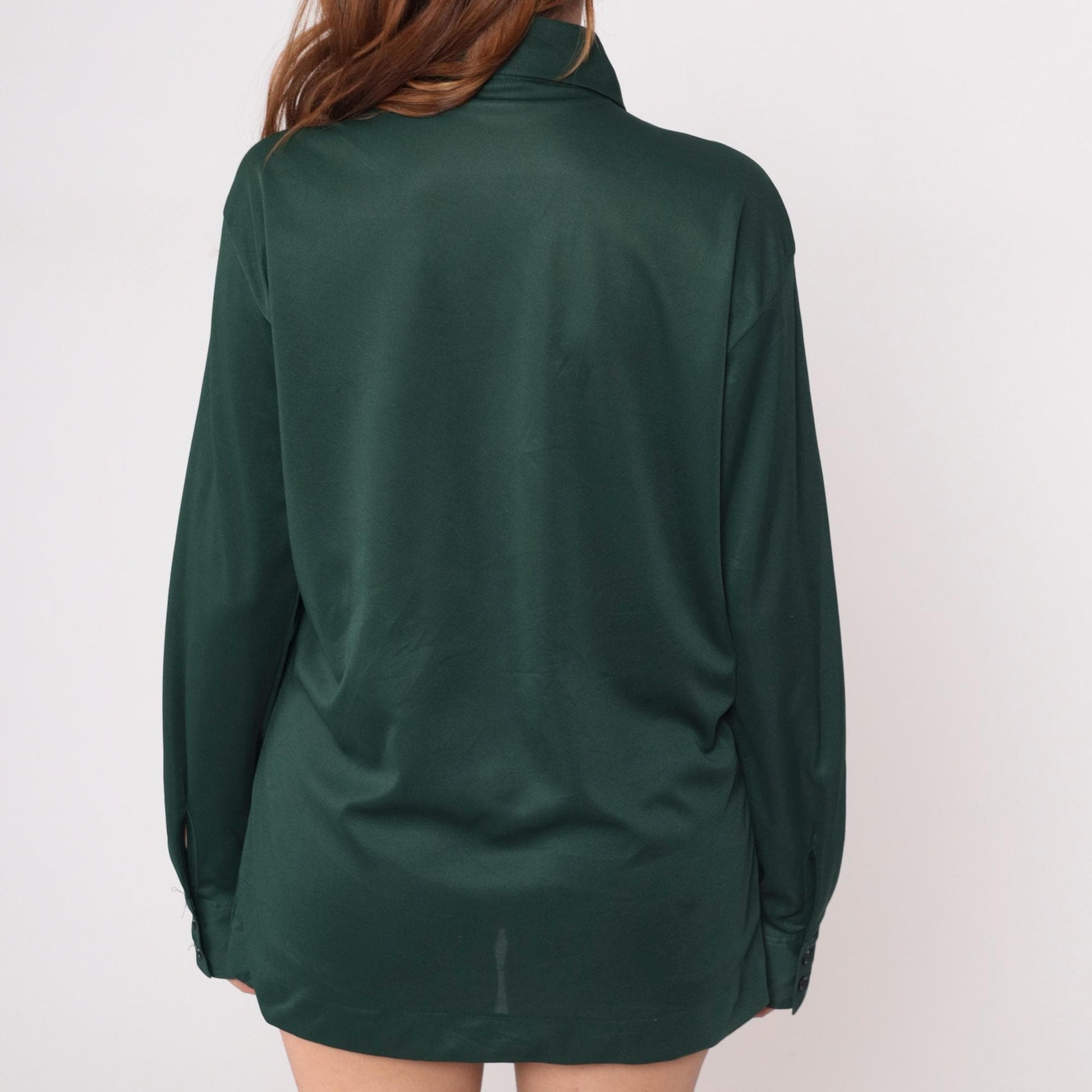 70s Forest Green Button-Front Shirt Long Sleeve Pointed Collar Polyester Large L