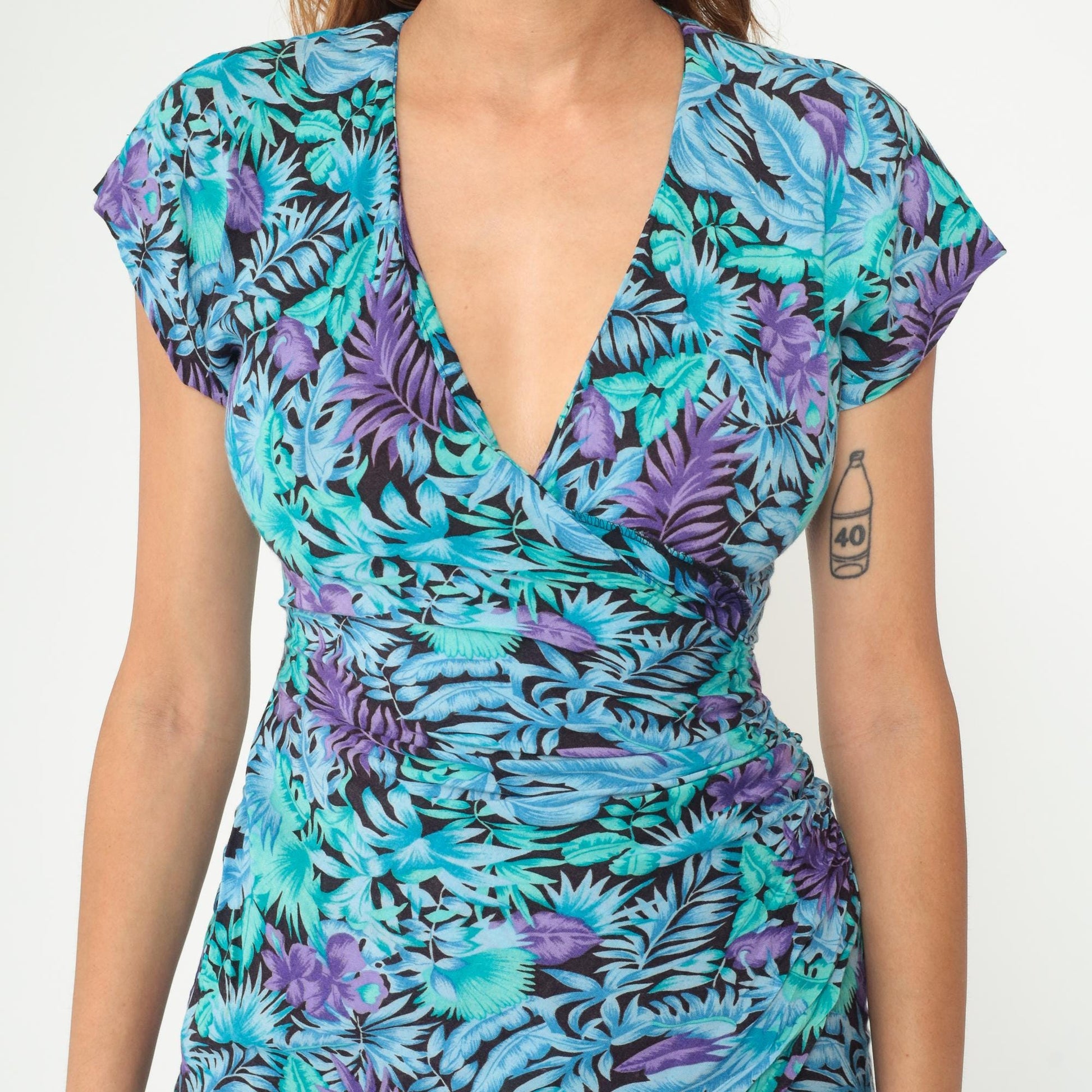 90s Tropical Floral Wrap Dress Turquoise Purple Rayon Mini XS