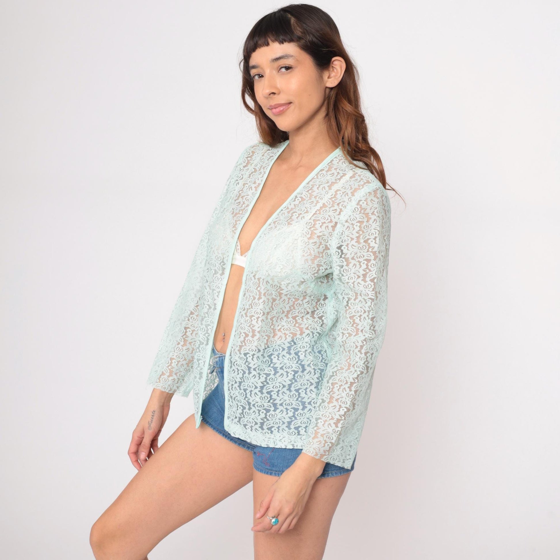 70s Montgomery Ward Mint Lace Cardigan Open Front Floral Small