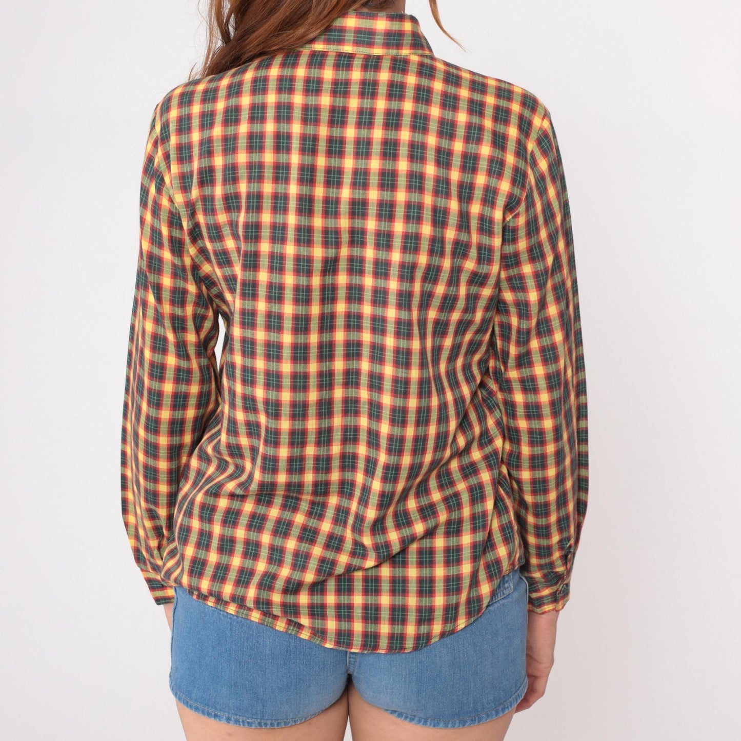 90s Oak Hill Plaid Button-Up Shirt Yellow Red Green Navy Cotton Small