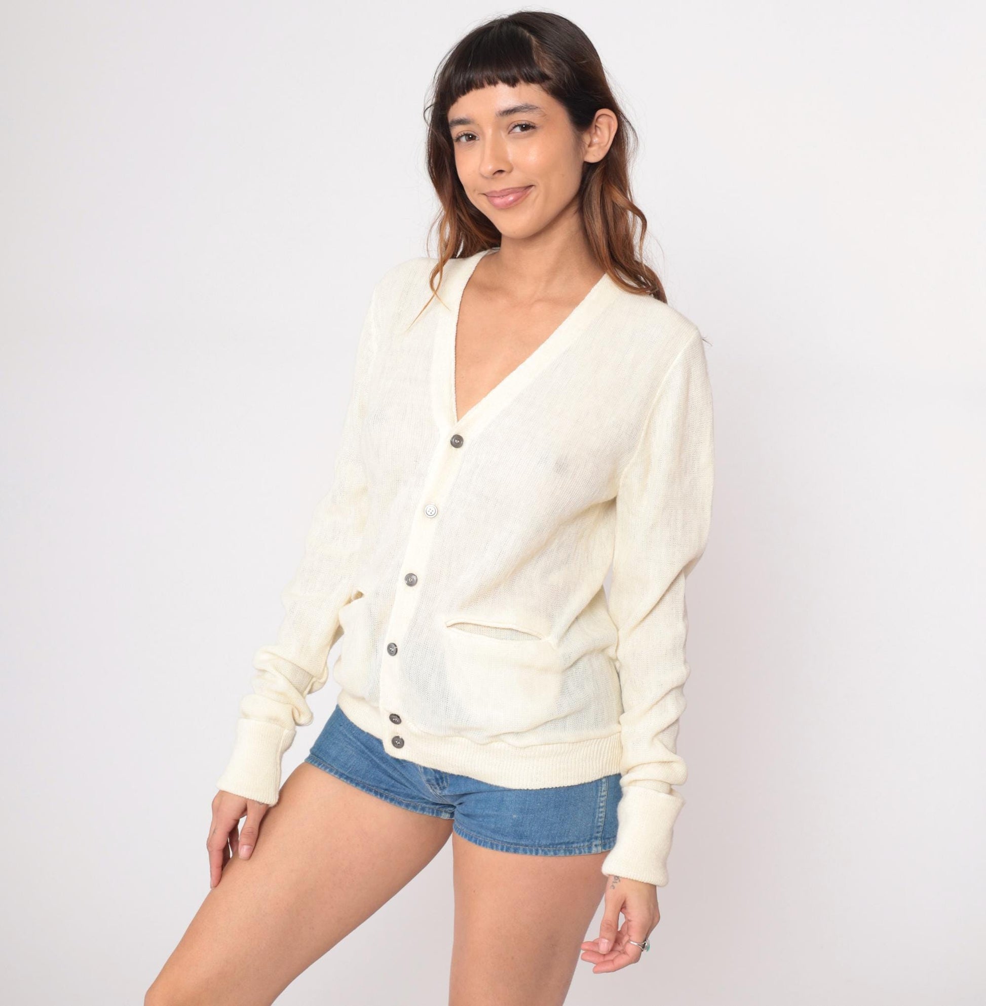 80s Cream Cardigan Button Front V-Neck Patch Pockets Knit Medium