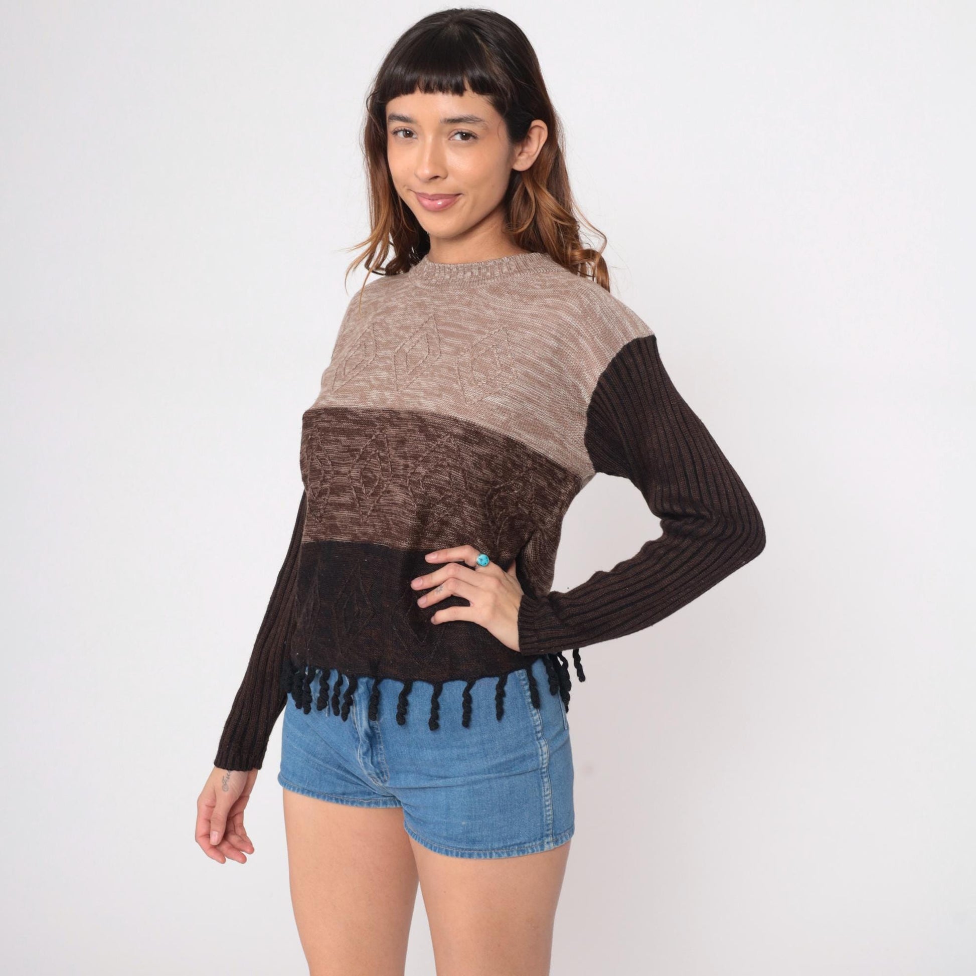 90s Color Block Striped Knit Sweater Brown Tan Fringe Hem Medium M