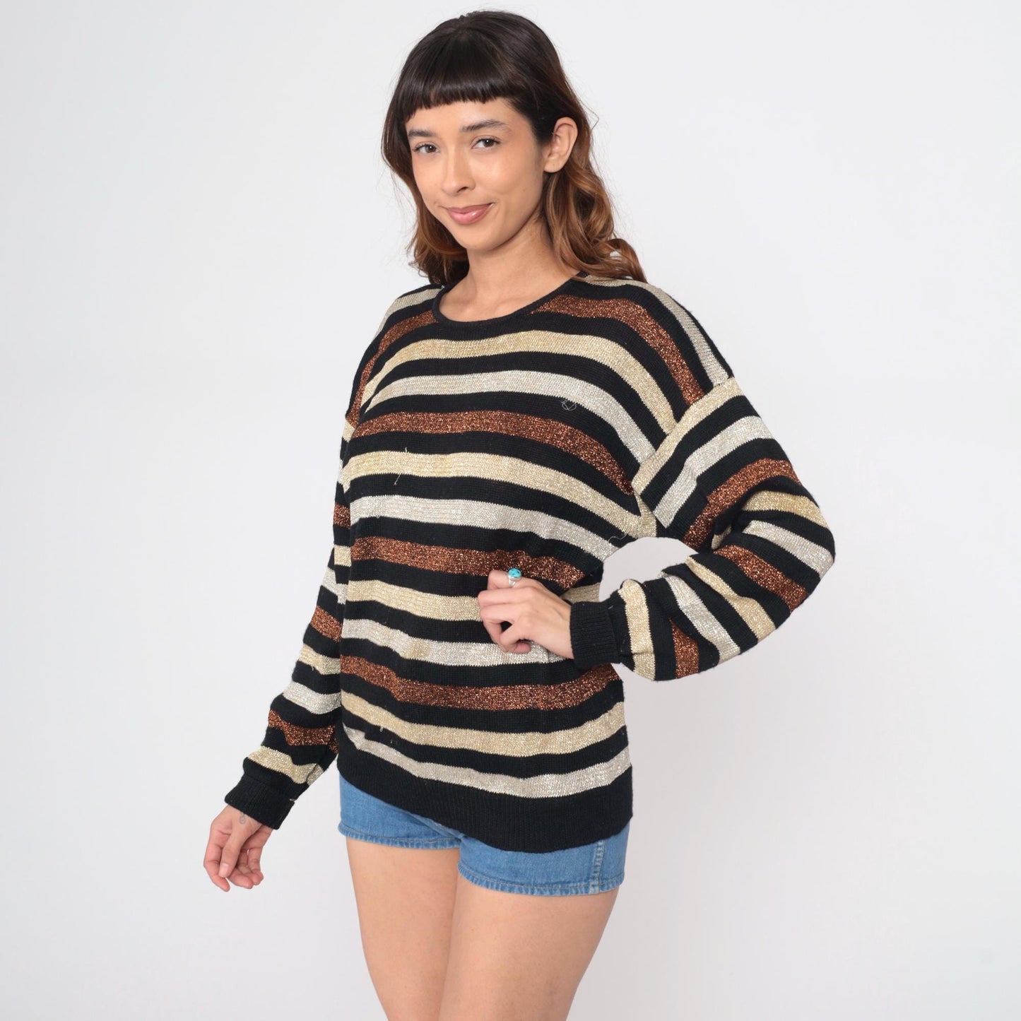 80s Casual Corner Metallic Striped Wool Sweater Black Cream Copper Medium
