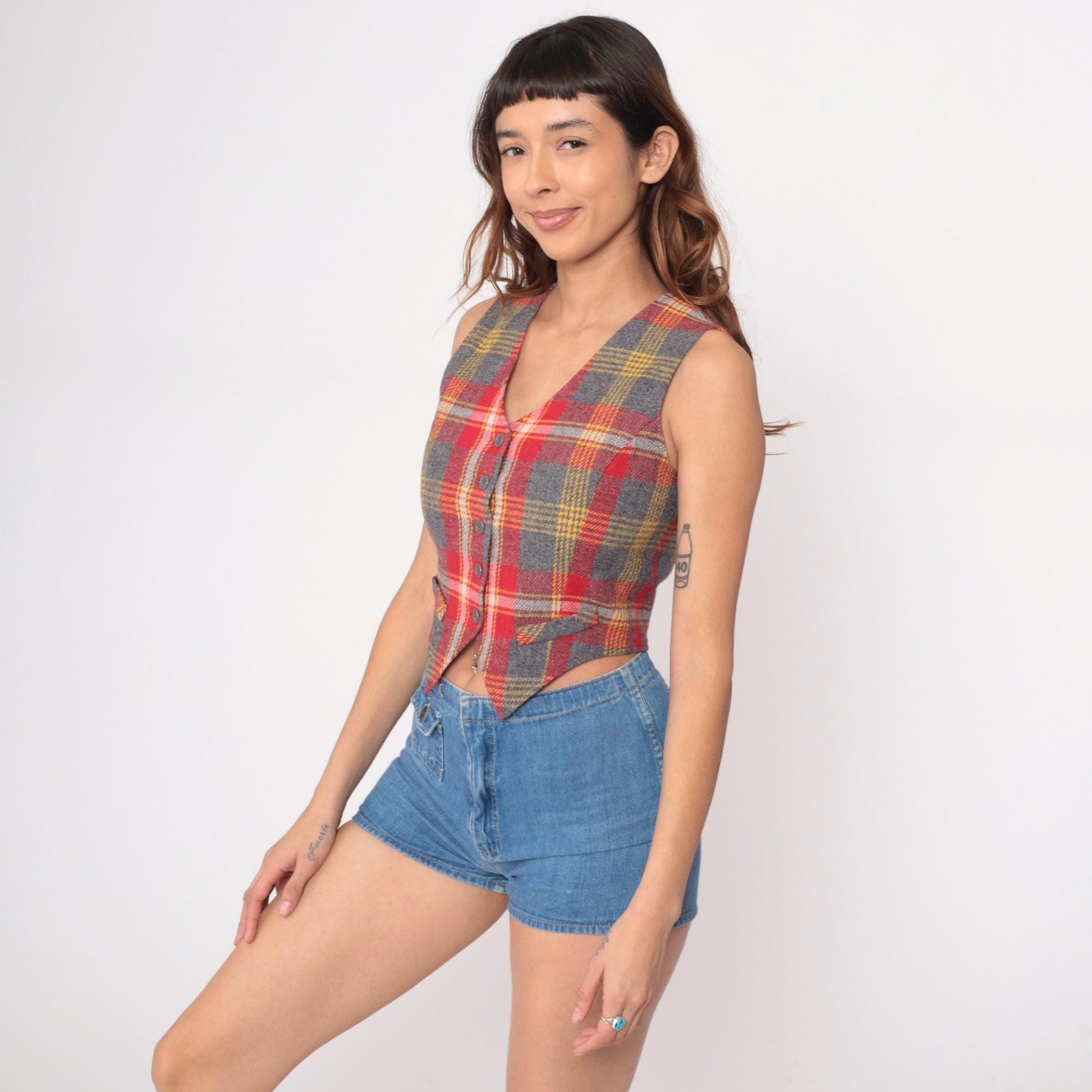70s Bobbie Brooks Plaid Wool Vest Red Grey Gold V-Neck Extra Small XS