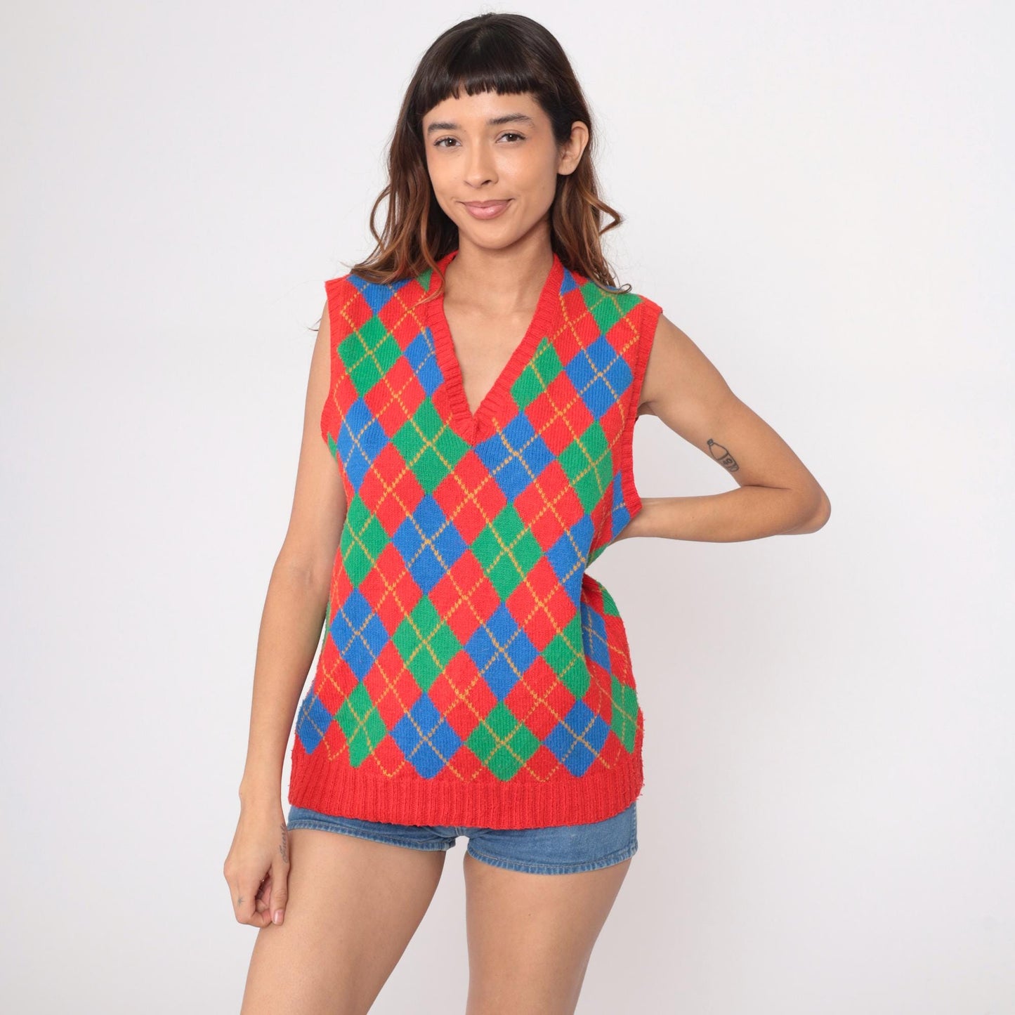 80s Adrie Matheson Hand Knit Argyle Vest V-Neck Multicolor Diamond Medium