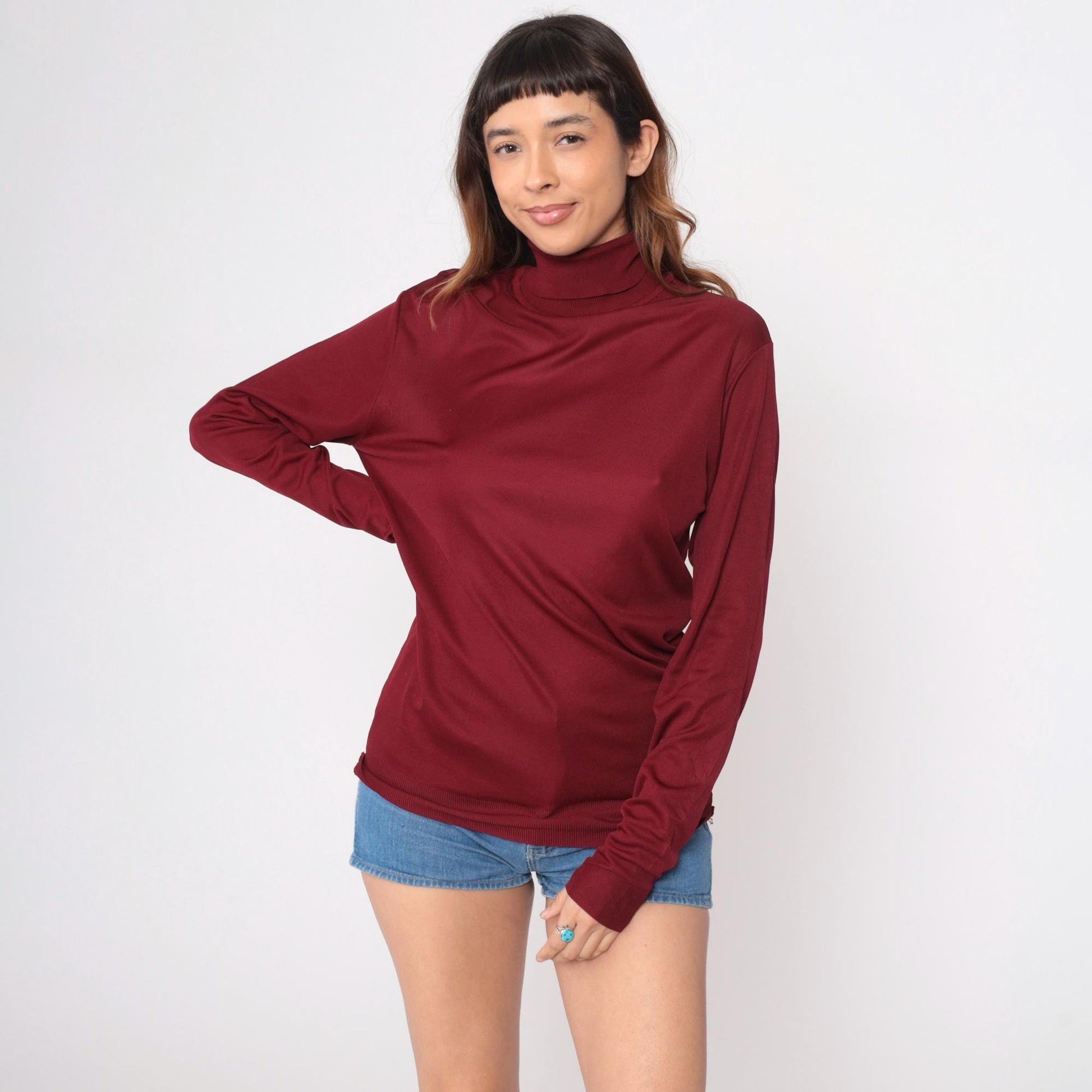 70s Burgundy Turtleneck Long Sleeve Ribbed Knit Pullover Extra Large