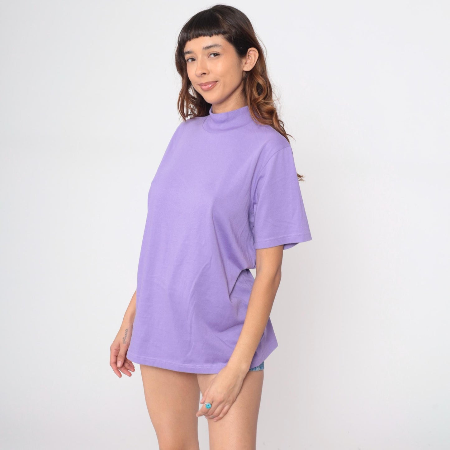 90s Roamans Lavender Mock Turtleneck Short Sleeve Cotton Top Large
