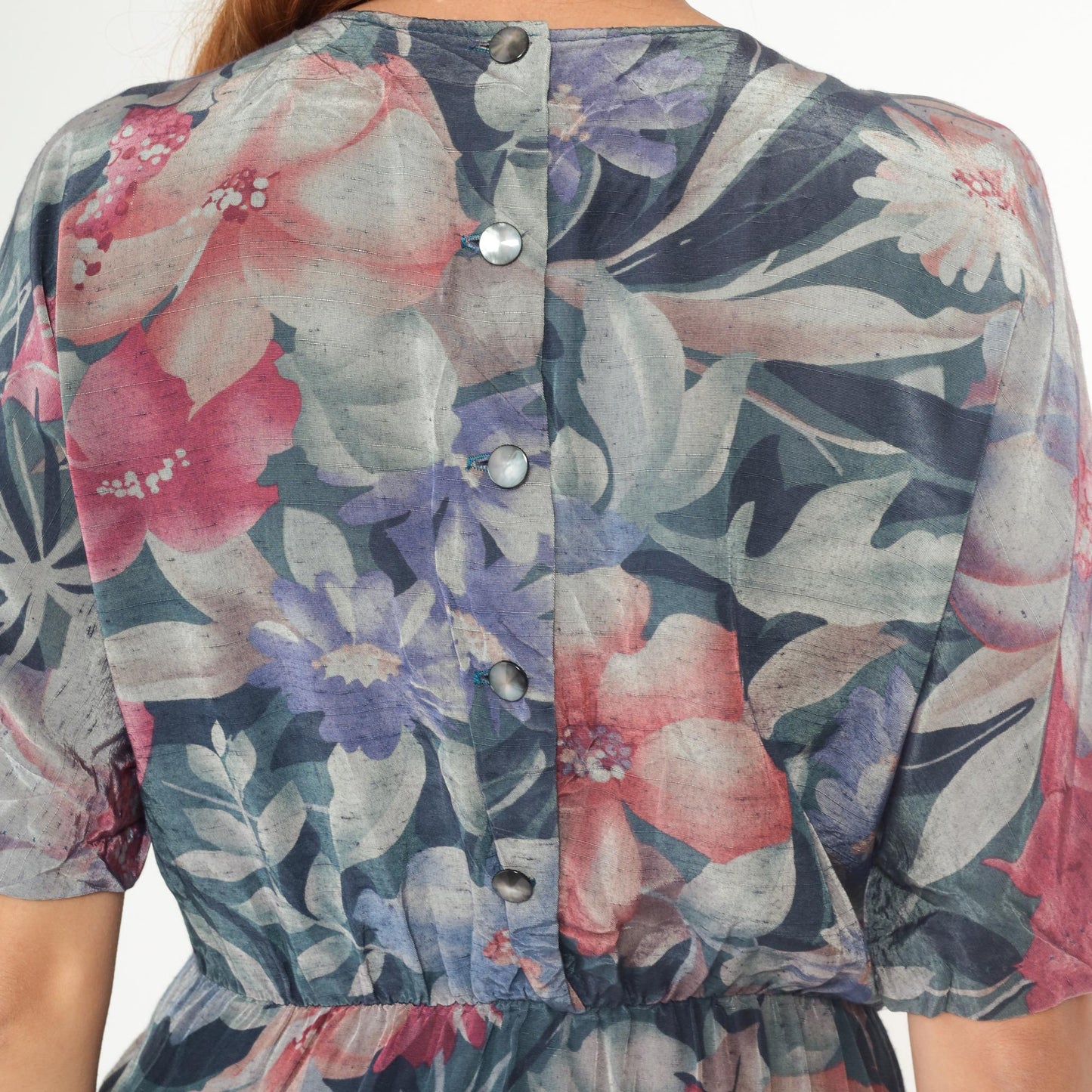 90s Watercolor Floral Mini Dress Teal Pink Rayon Flutter Sleeve Medium M