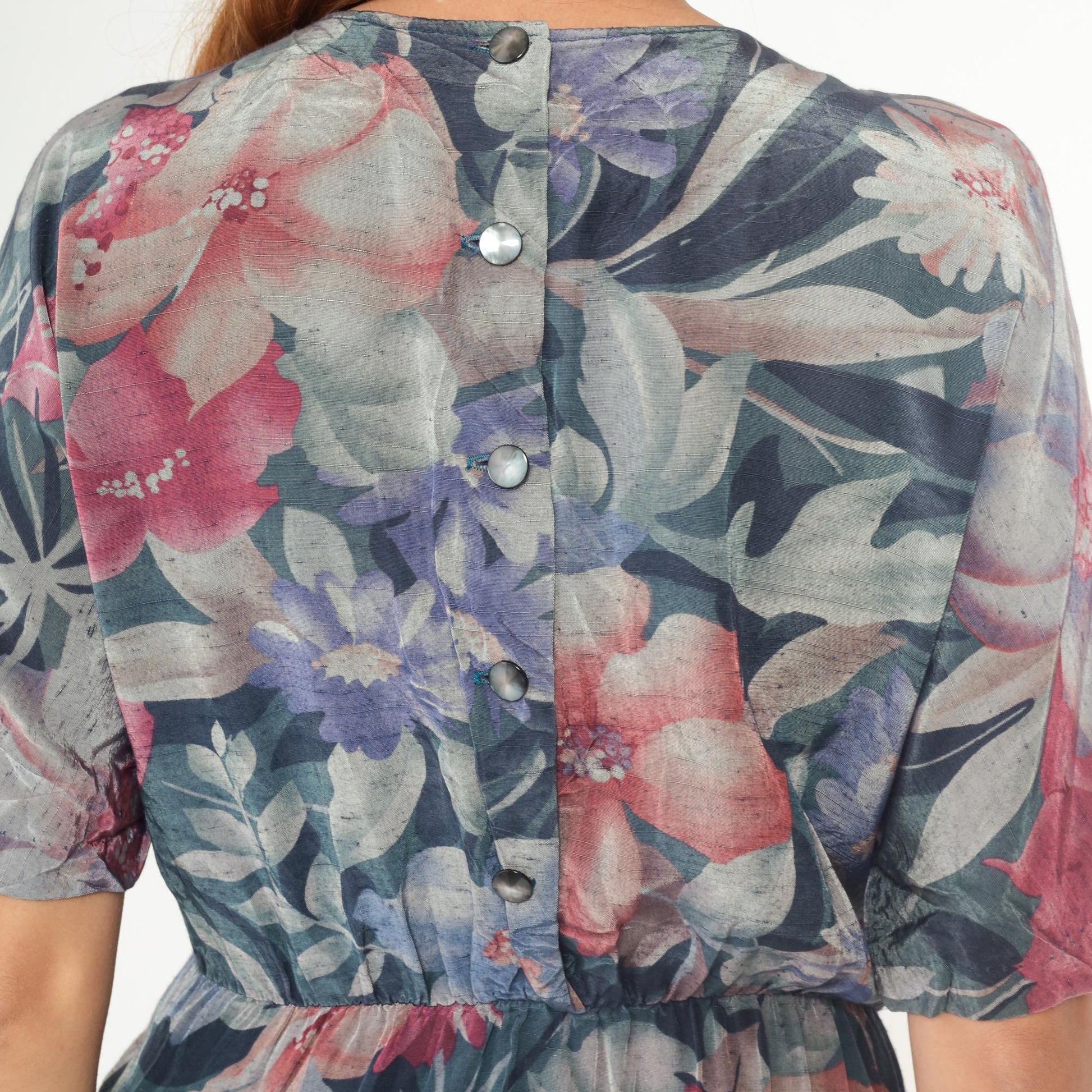 90s Watercolor Floral Mini Dress Teal Pink Rayon Flutter Sleeve Medium M