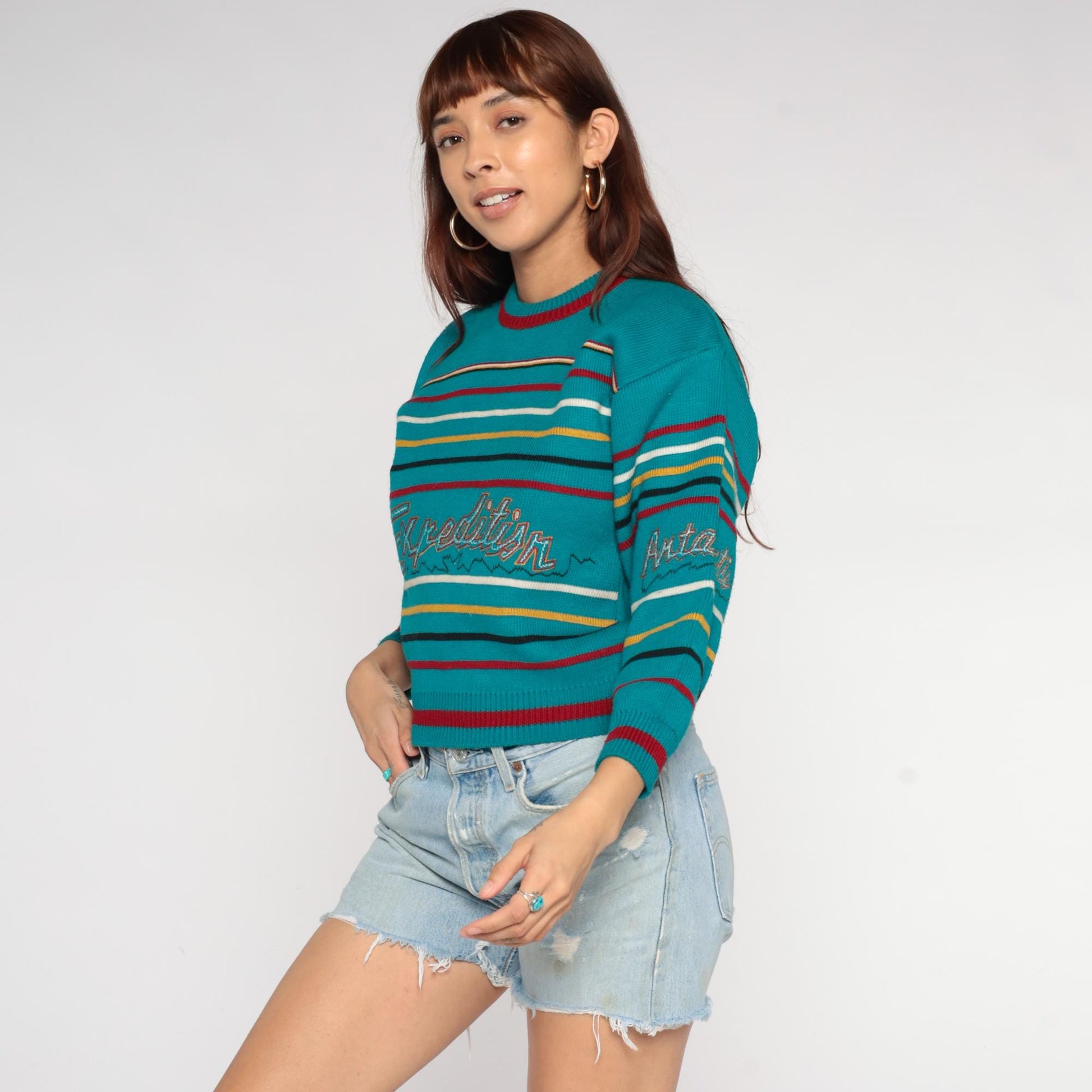 90s Teal Striped Crewneck Sweater Expedition Antarctic Embroidered XS