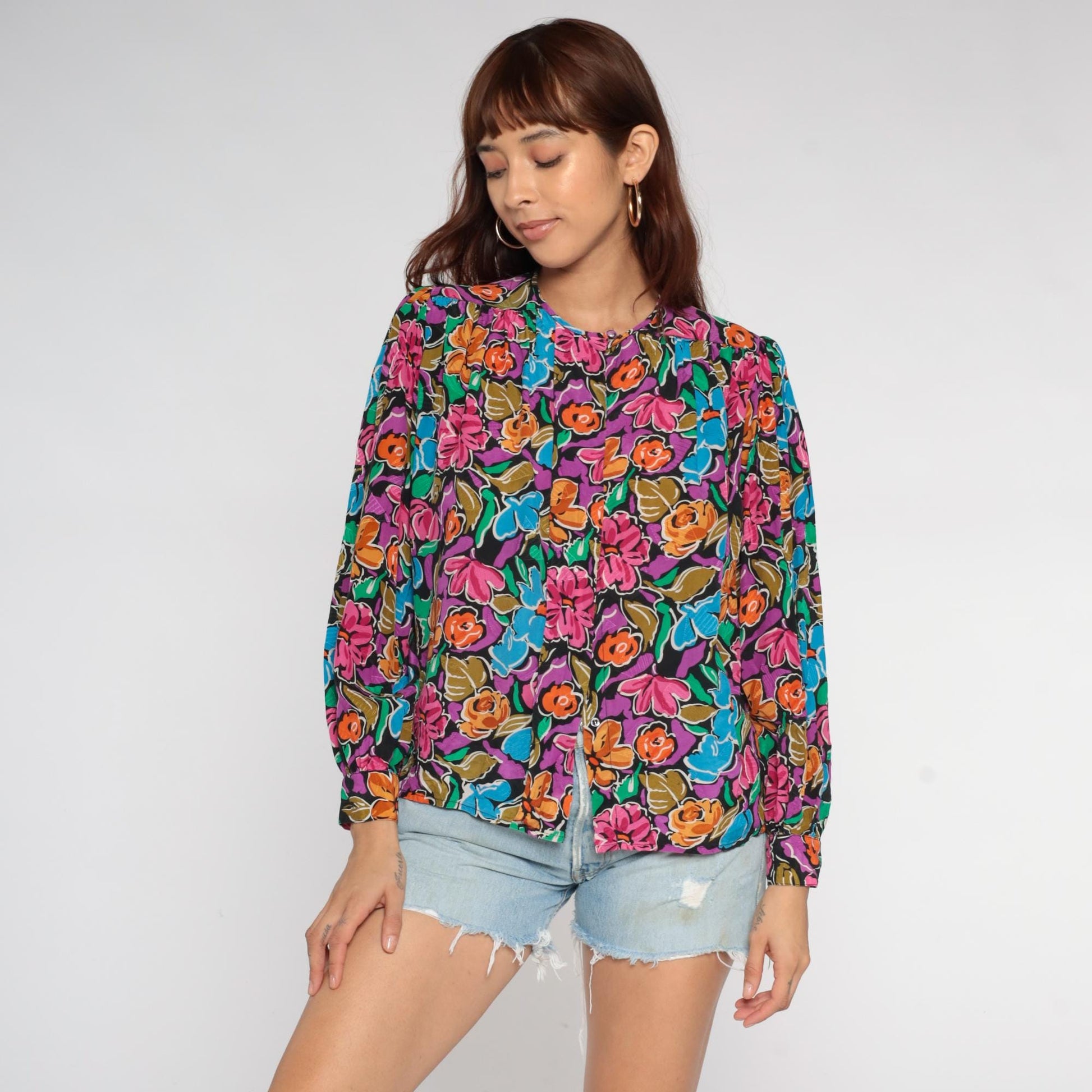 90s Silk Floral Blouse Jewel Neckline Long Sleeve Multicolor Small S