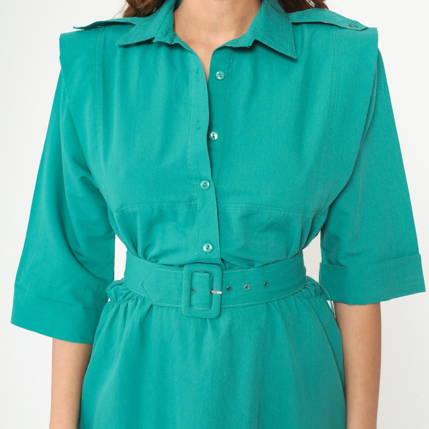 80s Teal Shirt Dress Button Front Belted Midi Structured Collar Medium