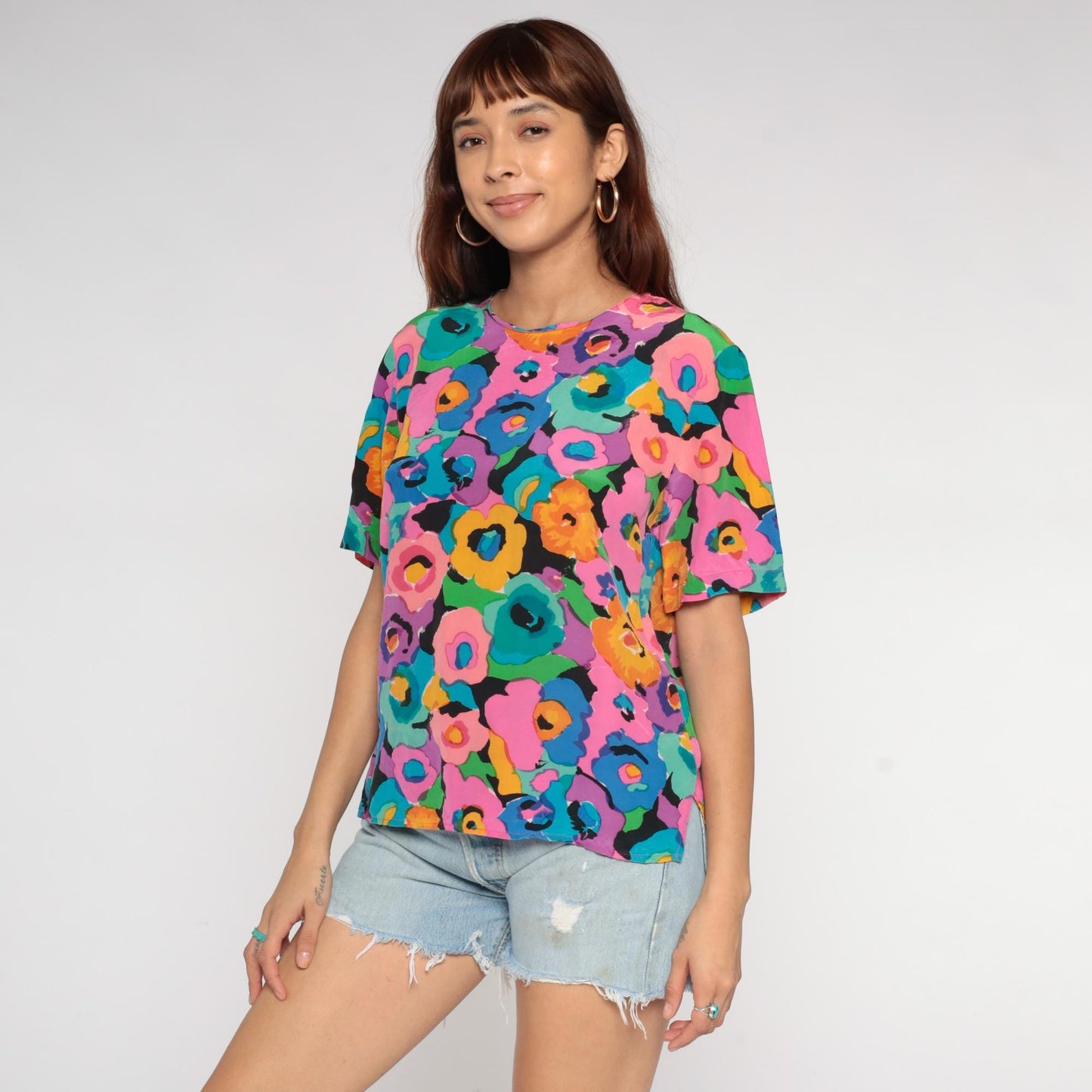 90s Spencer Jeremy Silk Blouse Abstract Floral Print Multicolor Medium M