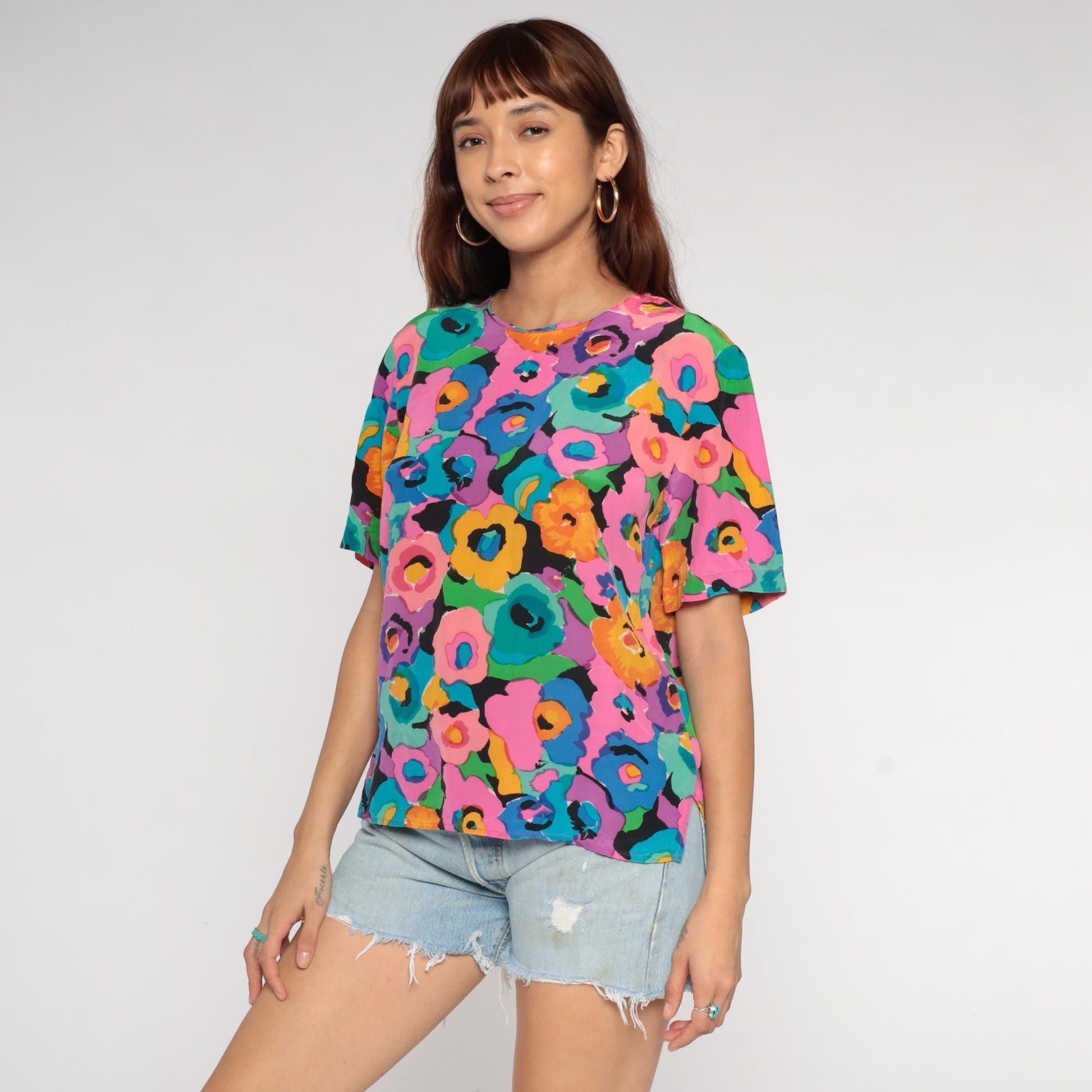 90s Spencer Jeremy Silk Blouse Abstract Floral Print Multicolor Medium M
