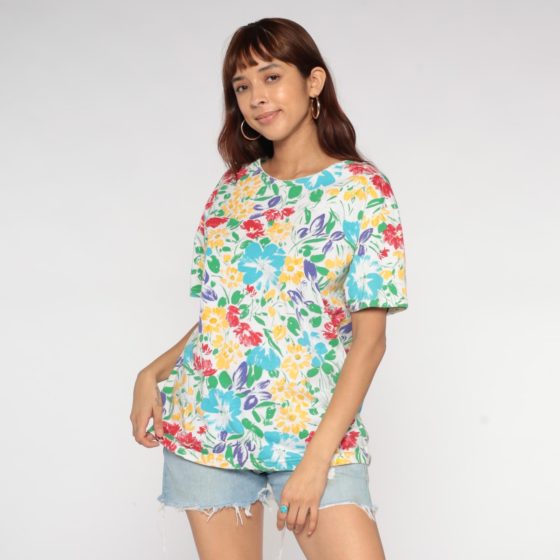 90s Basic Editions Floral T-Shirt Multicolor Watercolor Daisy White Large L