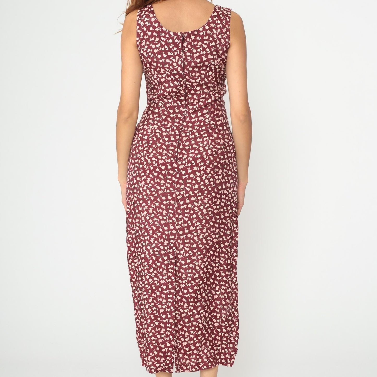 90s Burgundy Floral Midi Dress Rayon Sleeveless Scoop Neck Medium