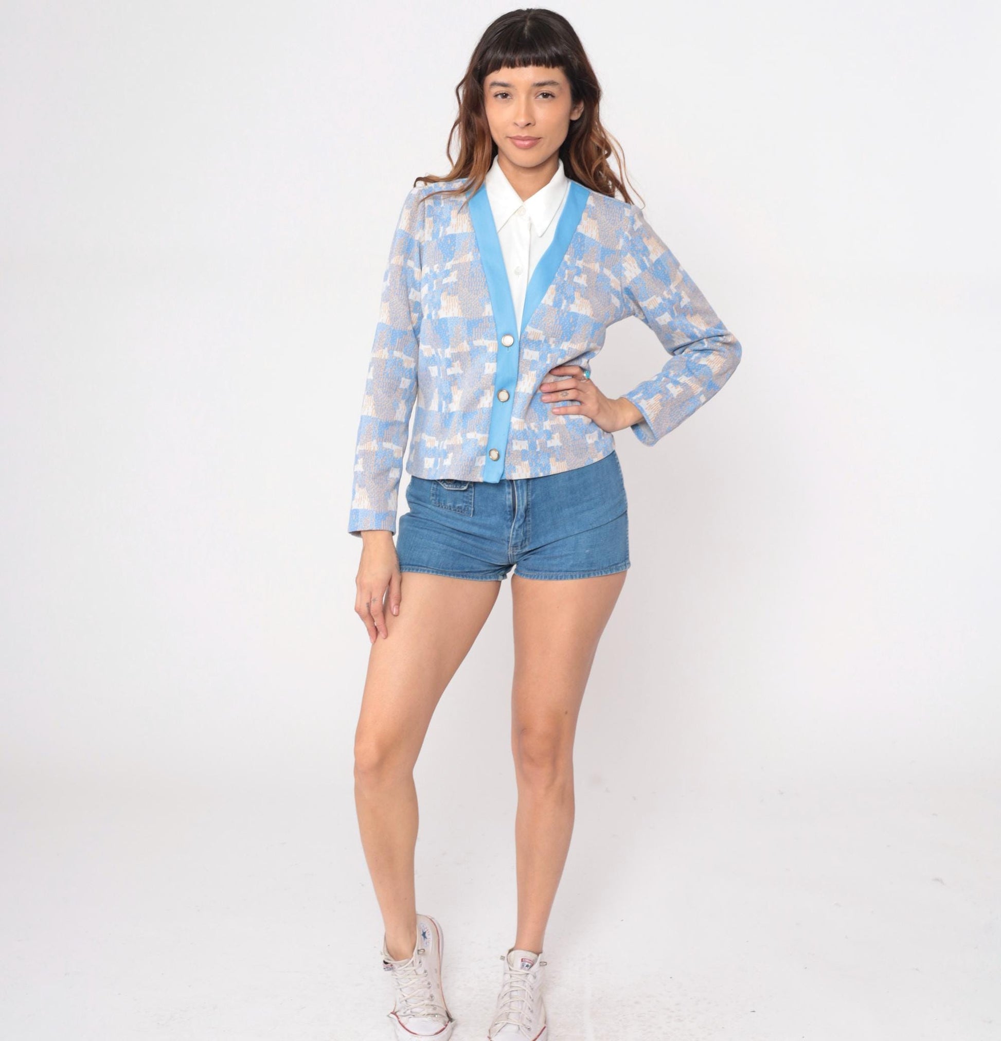 70s Geometric Pixelated Blazer Blue Cream Tan Notched Collar Cropped Medium