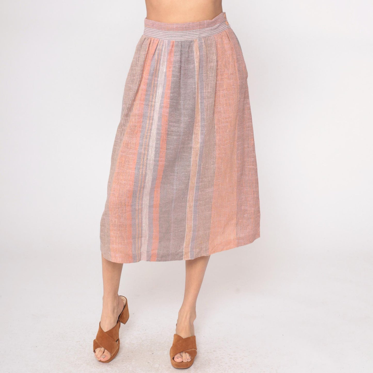 80s Striped Midi Skirt Peach Grey Cream Elastic Waist Pockets Small